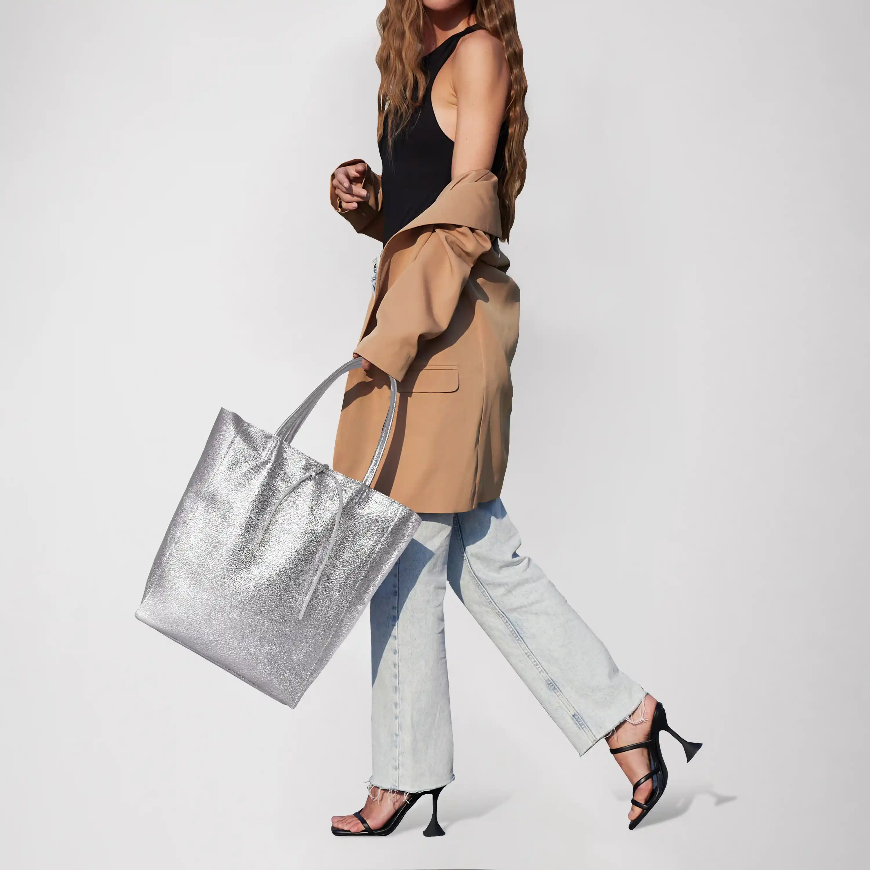 Gold Metallic Calf Leather Tote Bag – Large Italian Carryall