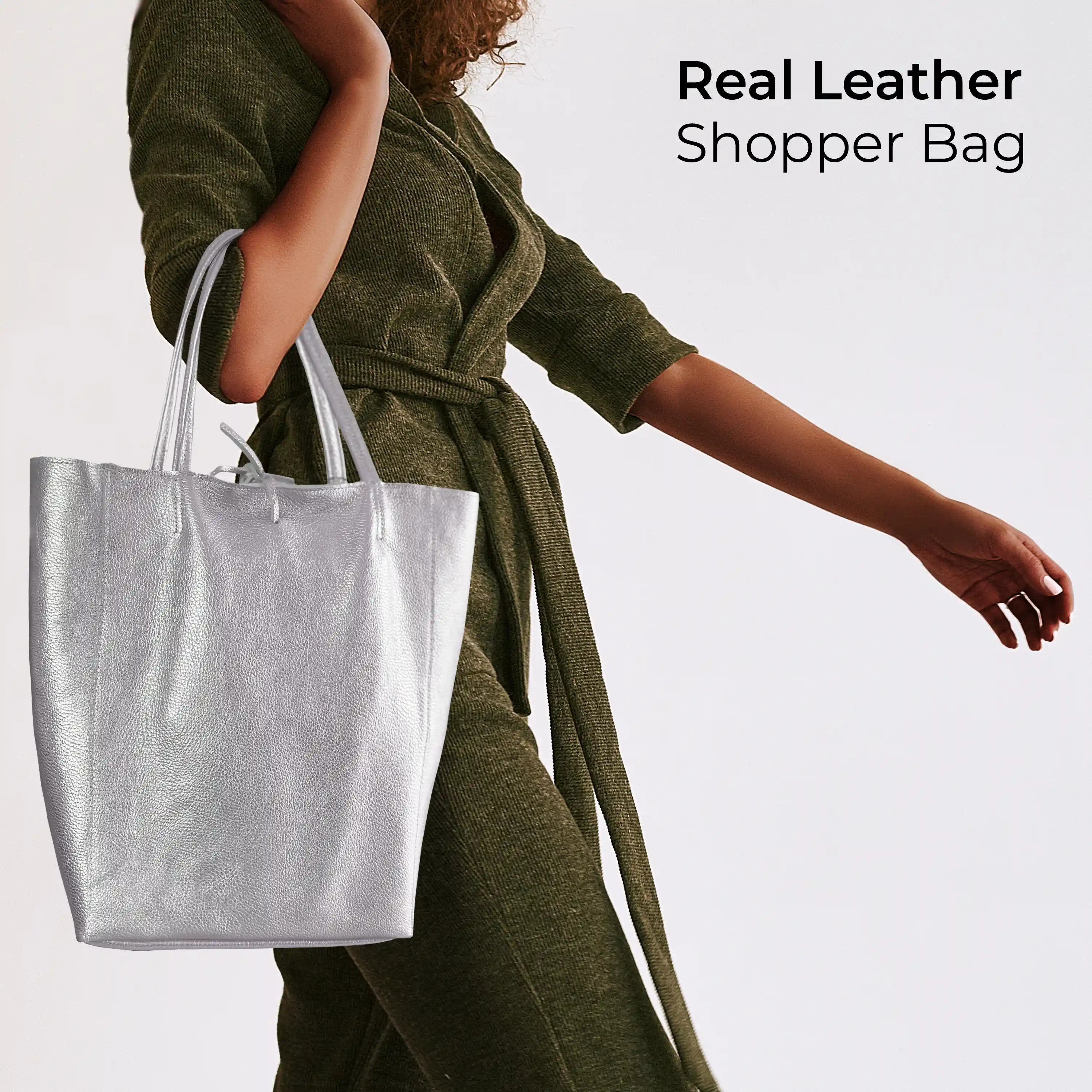 Gold Metallic Calf Leather Tote Bag – Large Italian Carryall