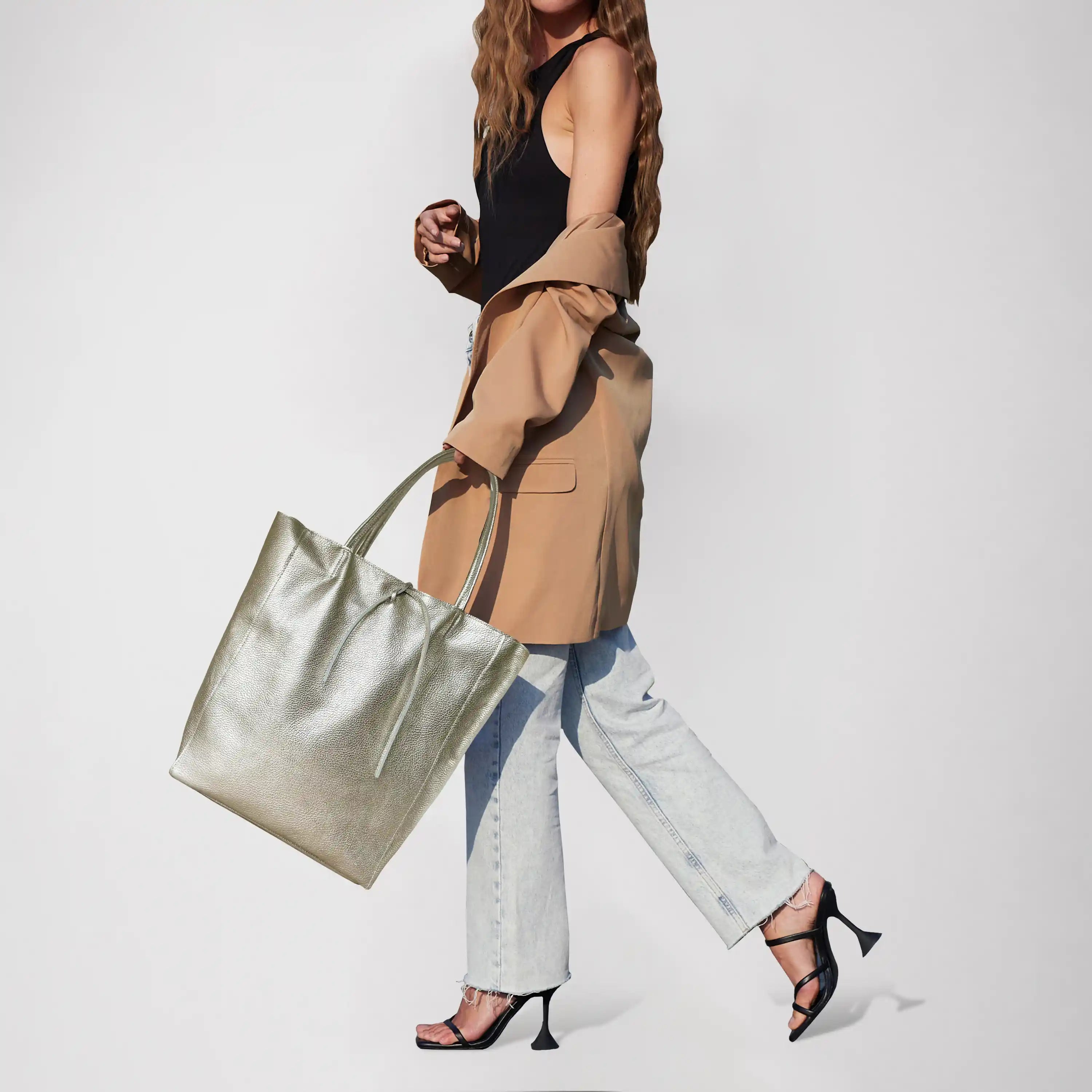 Gold Metallic Calf Leather Tote Bag – Large Italian Carryall
