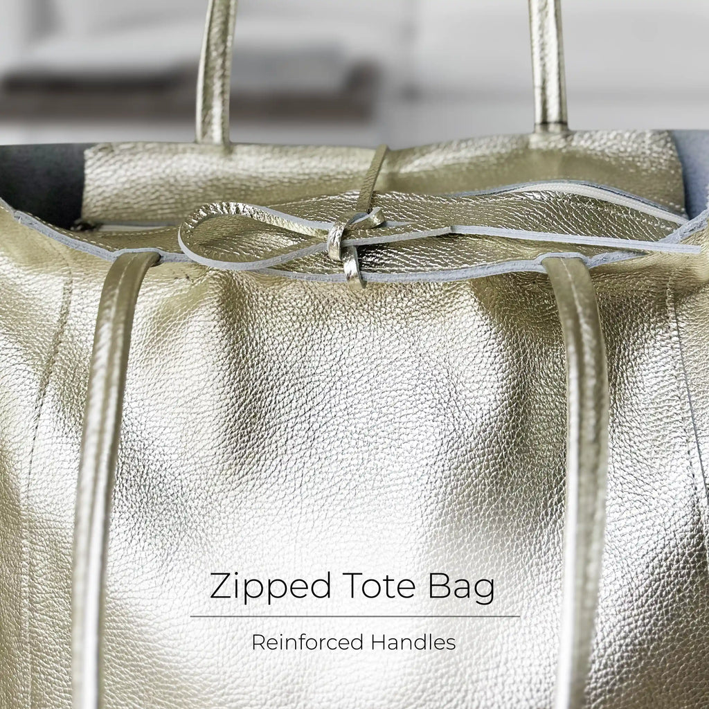 Gold Metallic Calf Leather Tote Bag – Large Italian Carryall