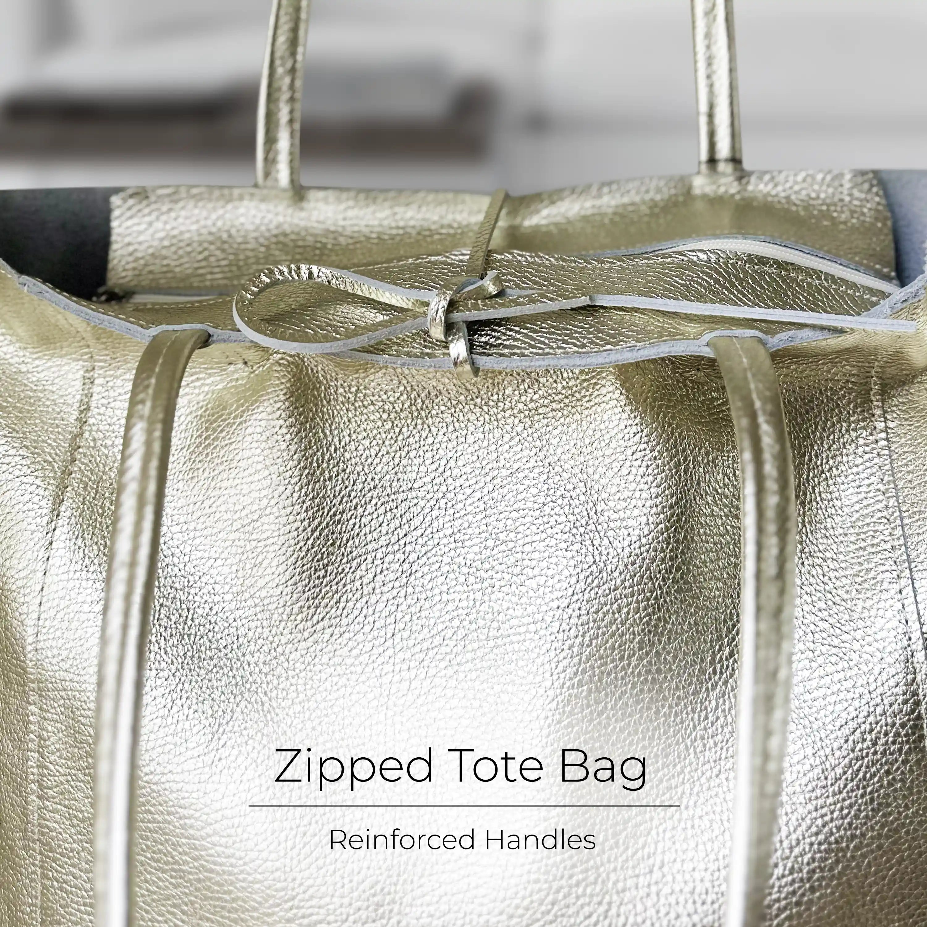 Gold Metallic Calf Leather Tote Bag – Large Italian Carryall