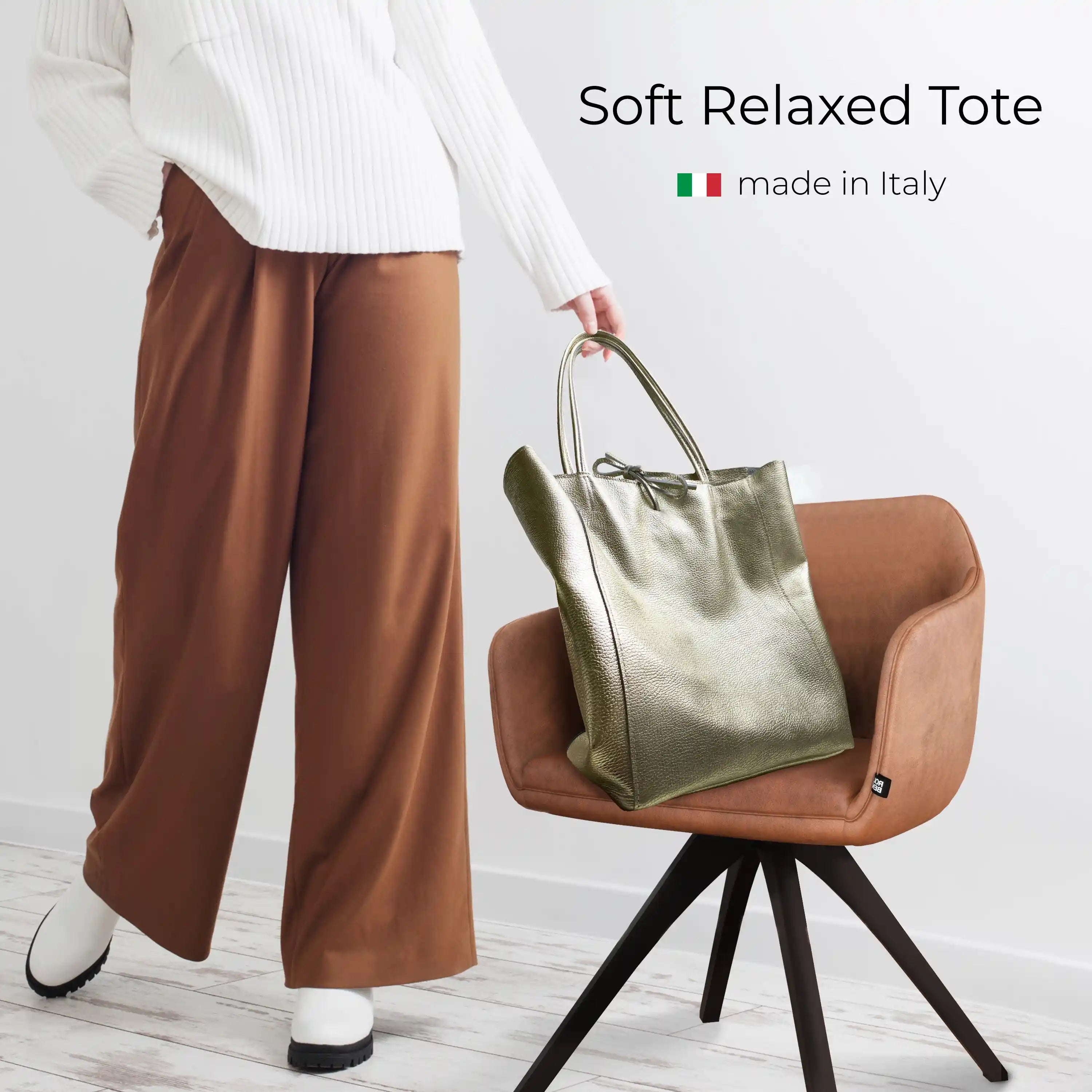Gold Metallic Calf Leather Tote Bag – Large Italian Carryall