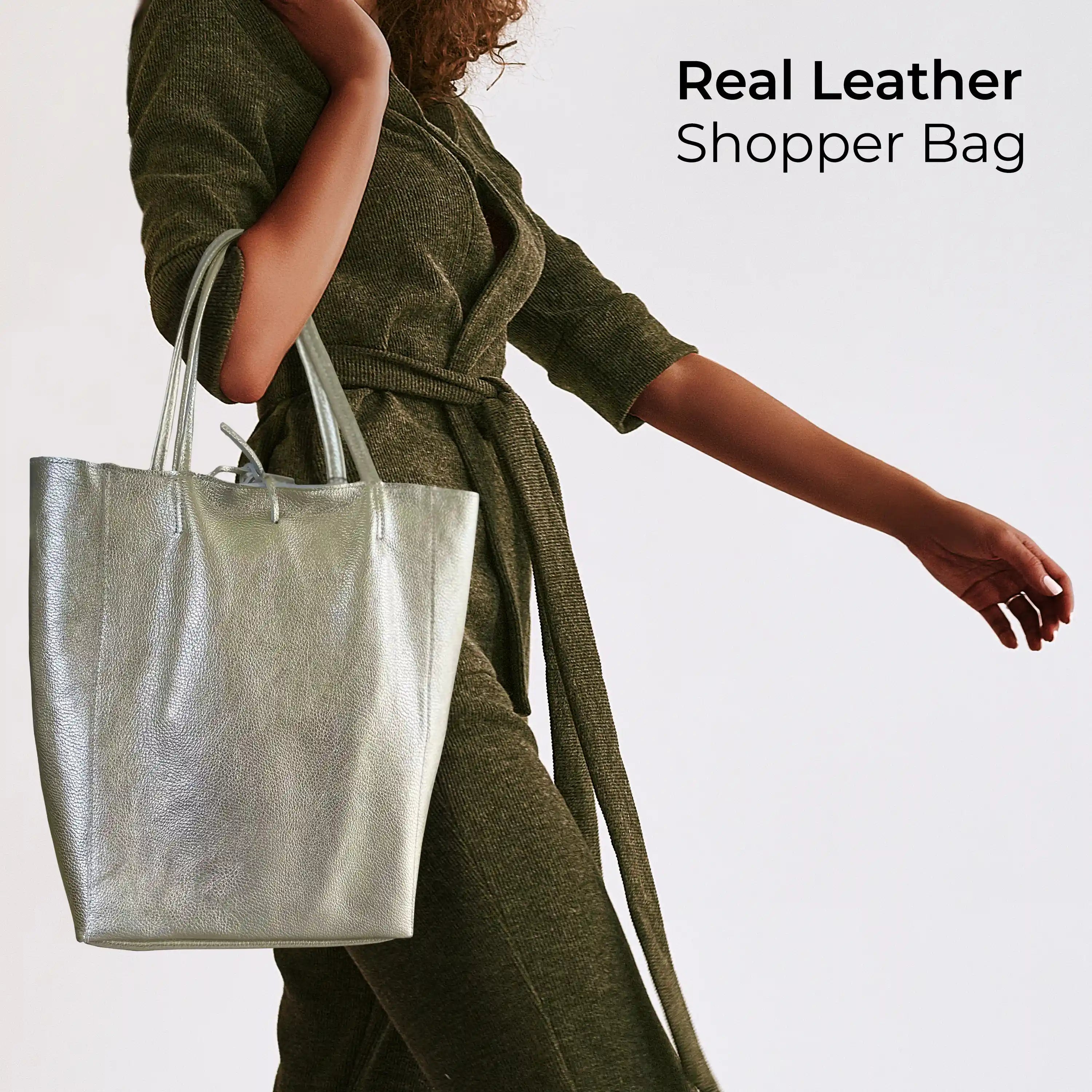 Gold Metallic Calf Leather Tote Bag – Large Italian Carryall