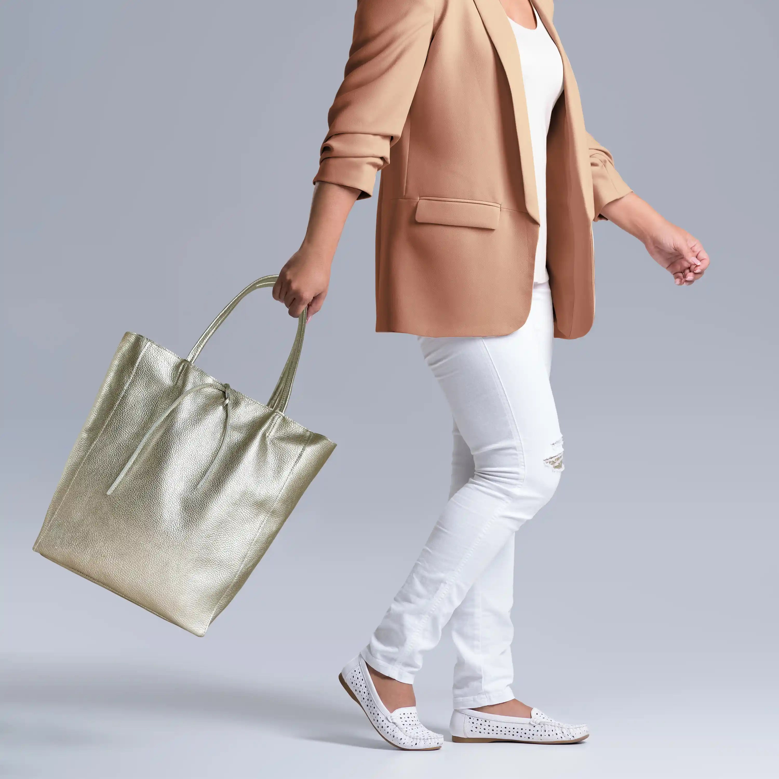 Gold Metallic Calf Leather Tote Bag – Large Italian Carryall