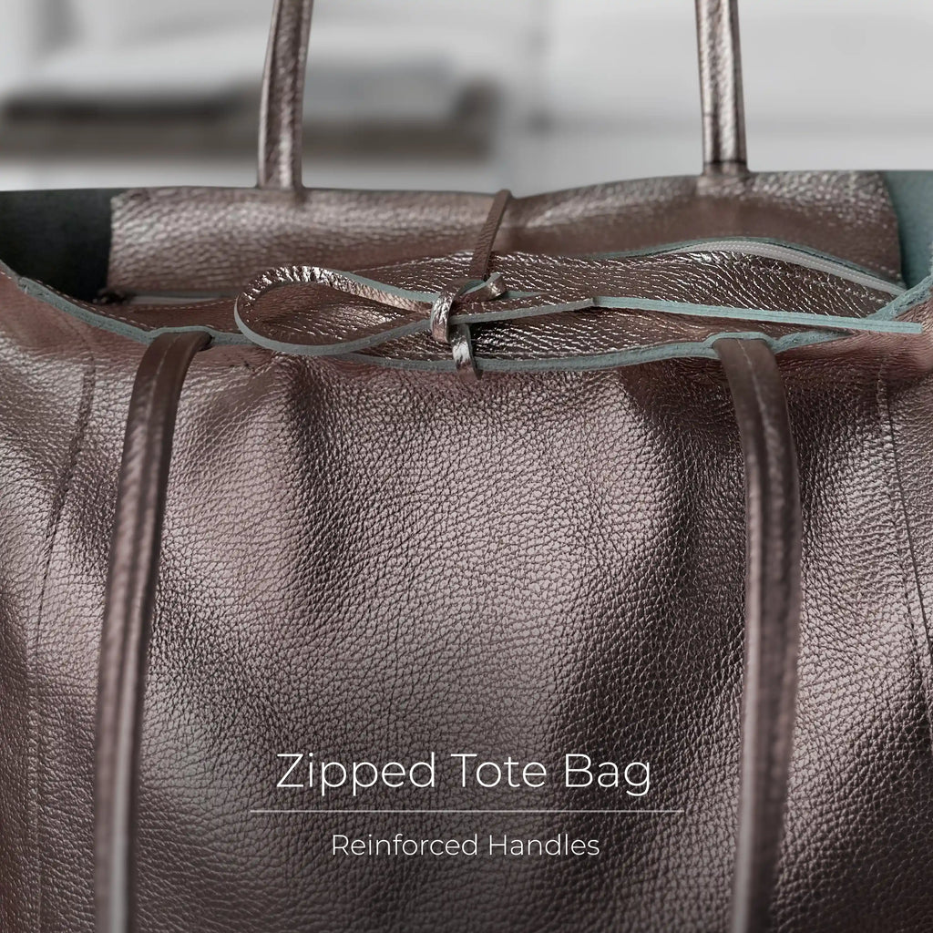 Gold Metallic Calf Leather Tote Bag – Large Italian Carryall