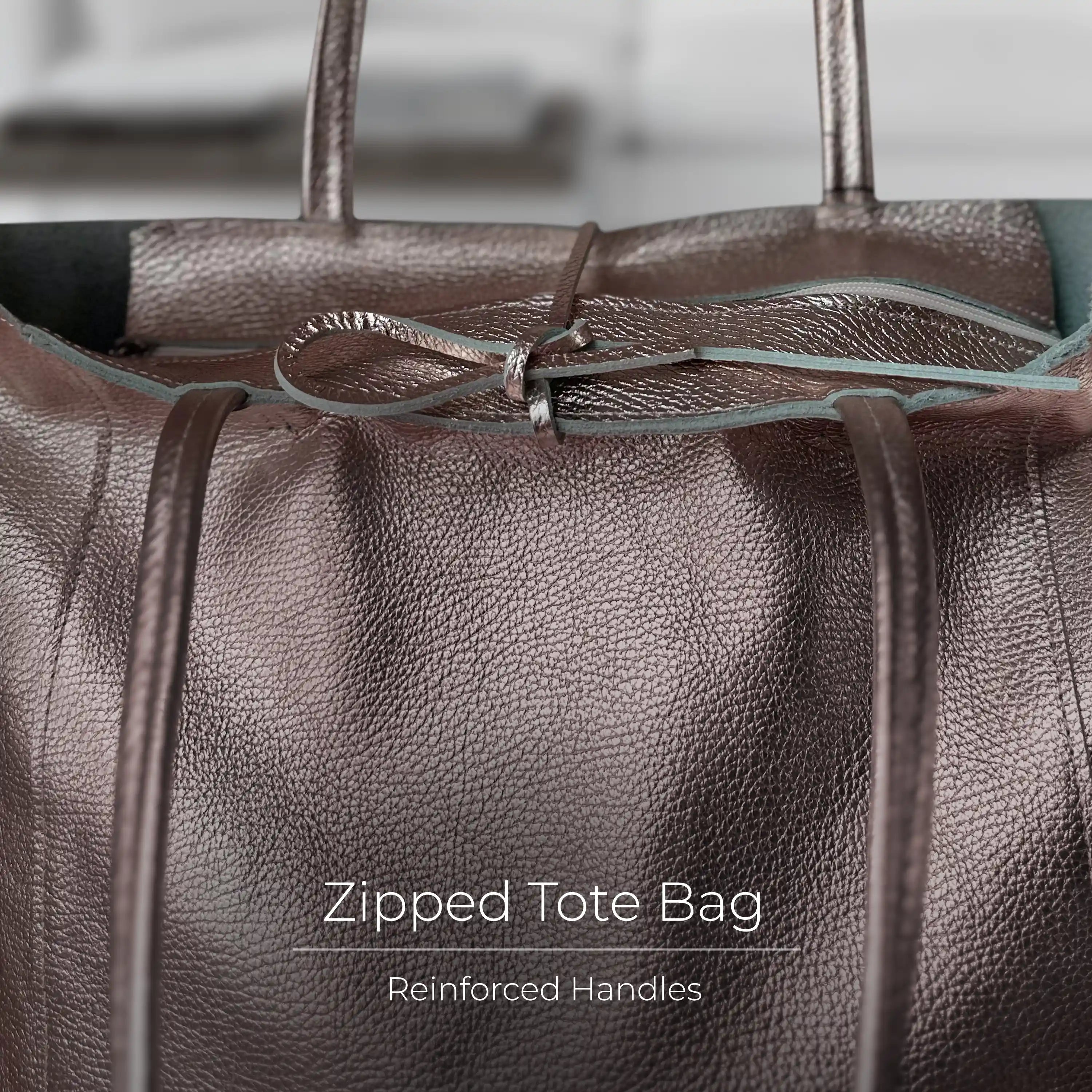 Gold Metallic Calf Leather Tote Bag – Large Italian Carryall