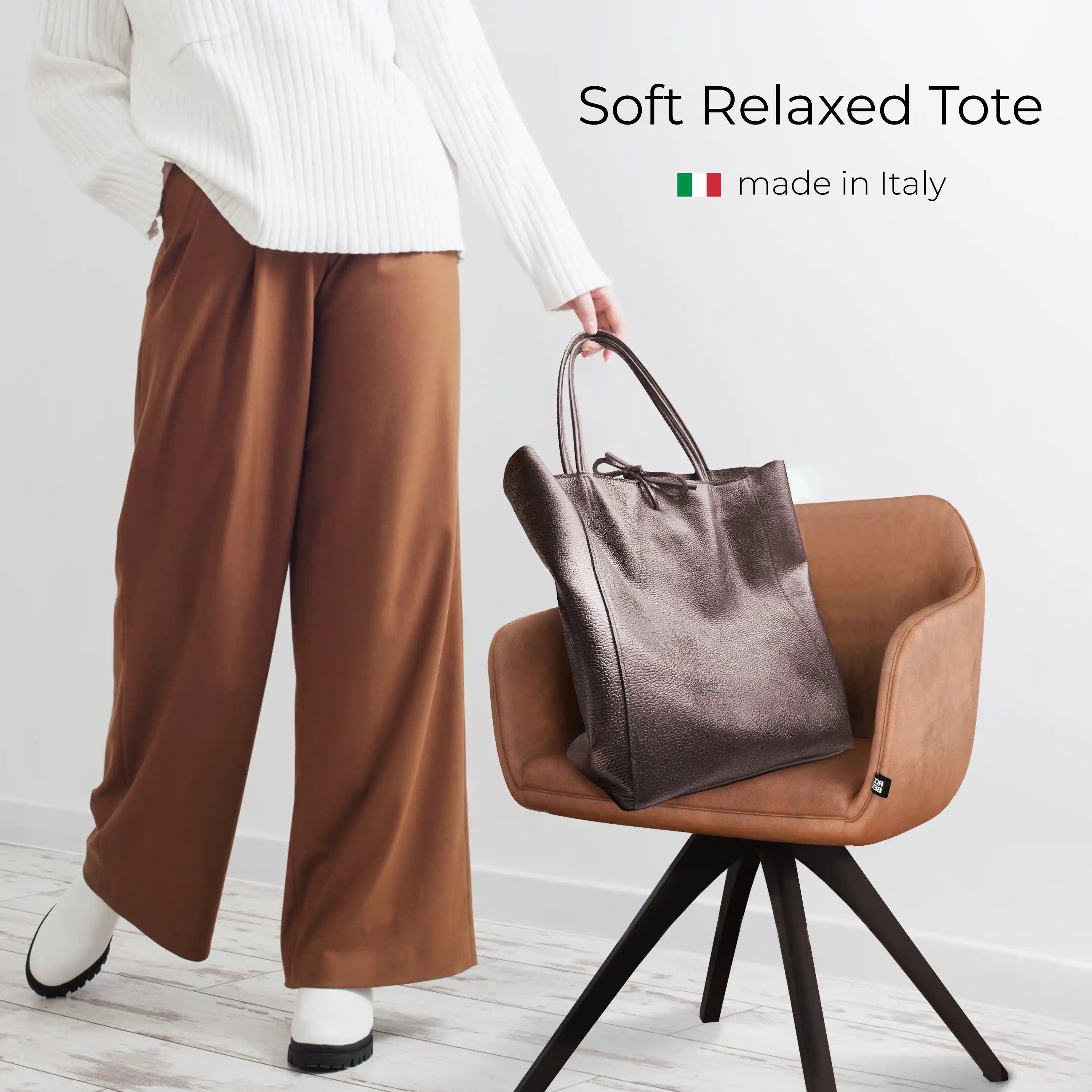 Gold Metallic Calf Leather Tote Bag – Large Italian Carryall