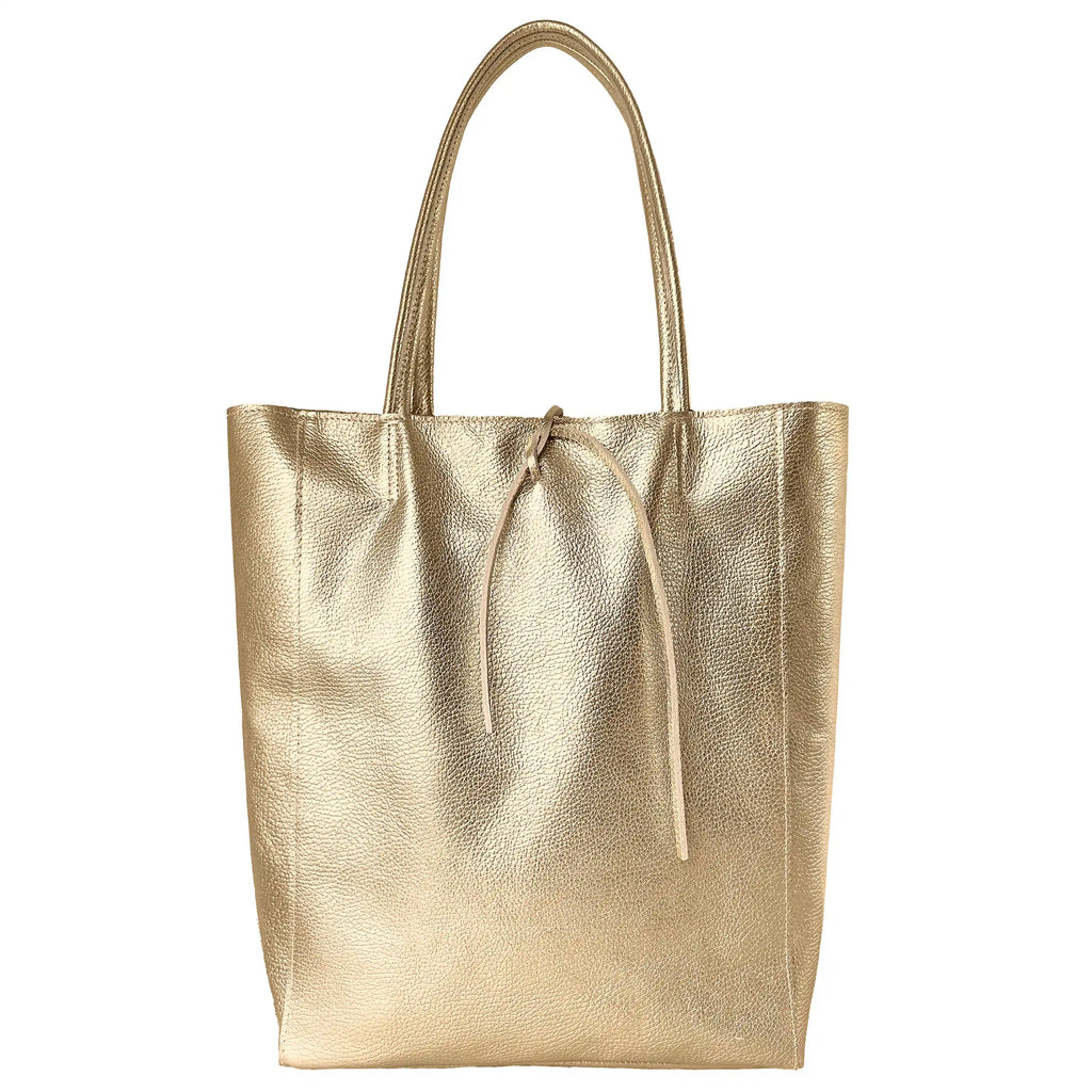Gold Italian metallic calf leather tote bag with front tie detail and dual handles.