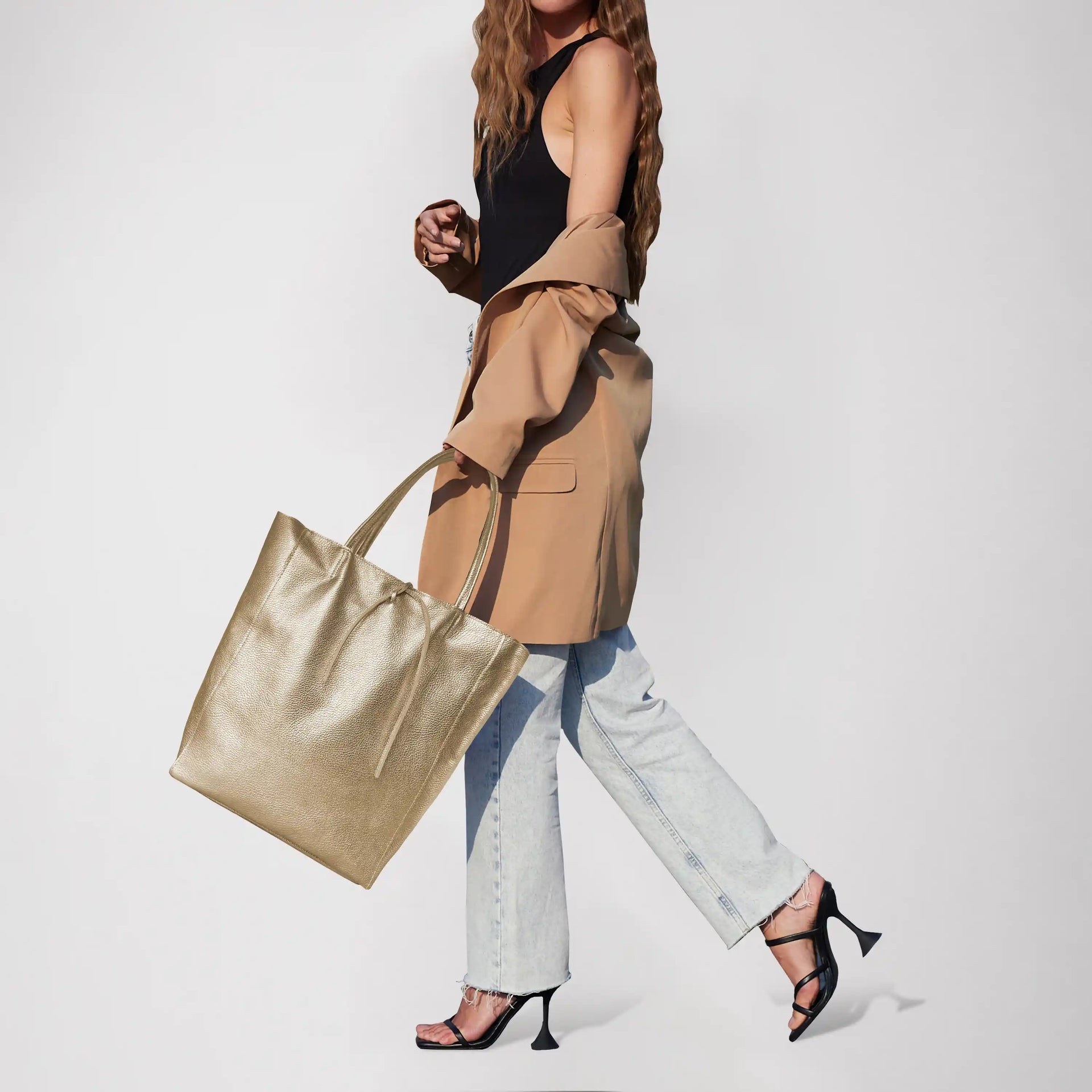 Gold Metallic Calf Leather Tote Bag – Large Italian Carryall