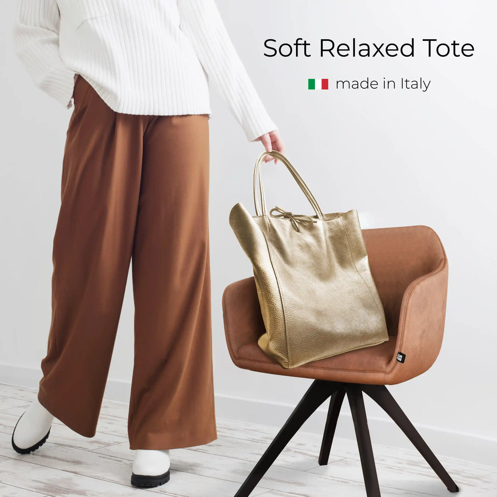 Gold Metallic Calf Leather Tote Bag – Large Italian Carryall