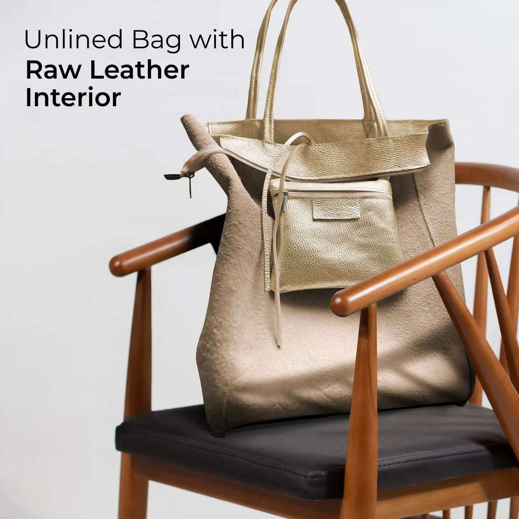 Gold Metallic Calf Leather Tote Bag – Large Italian Carryall