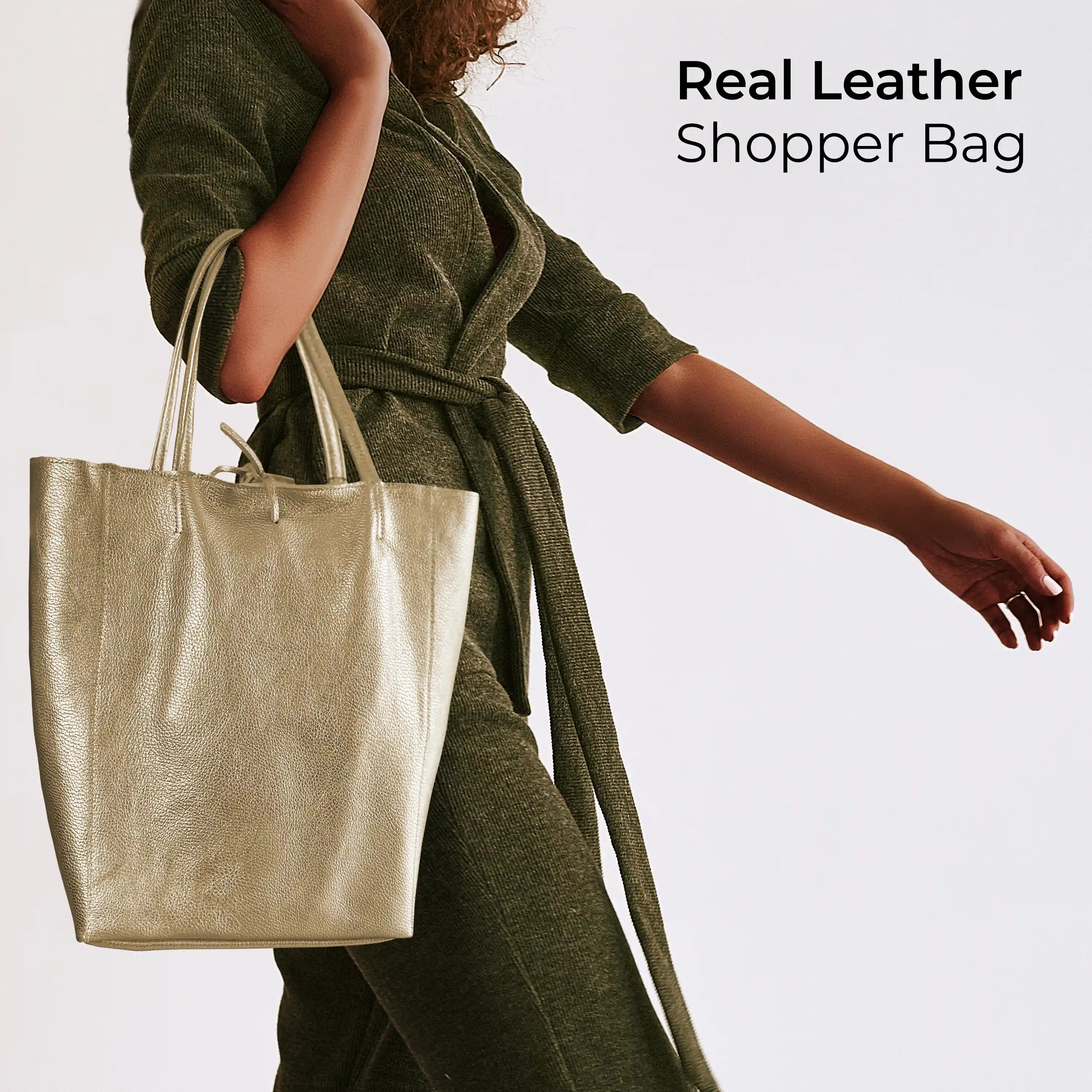 Gold Metallic Calf Leather Tote Bag – Large Italian Carryall