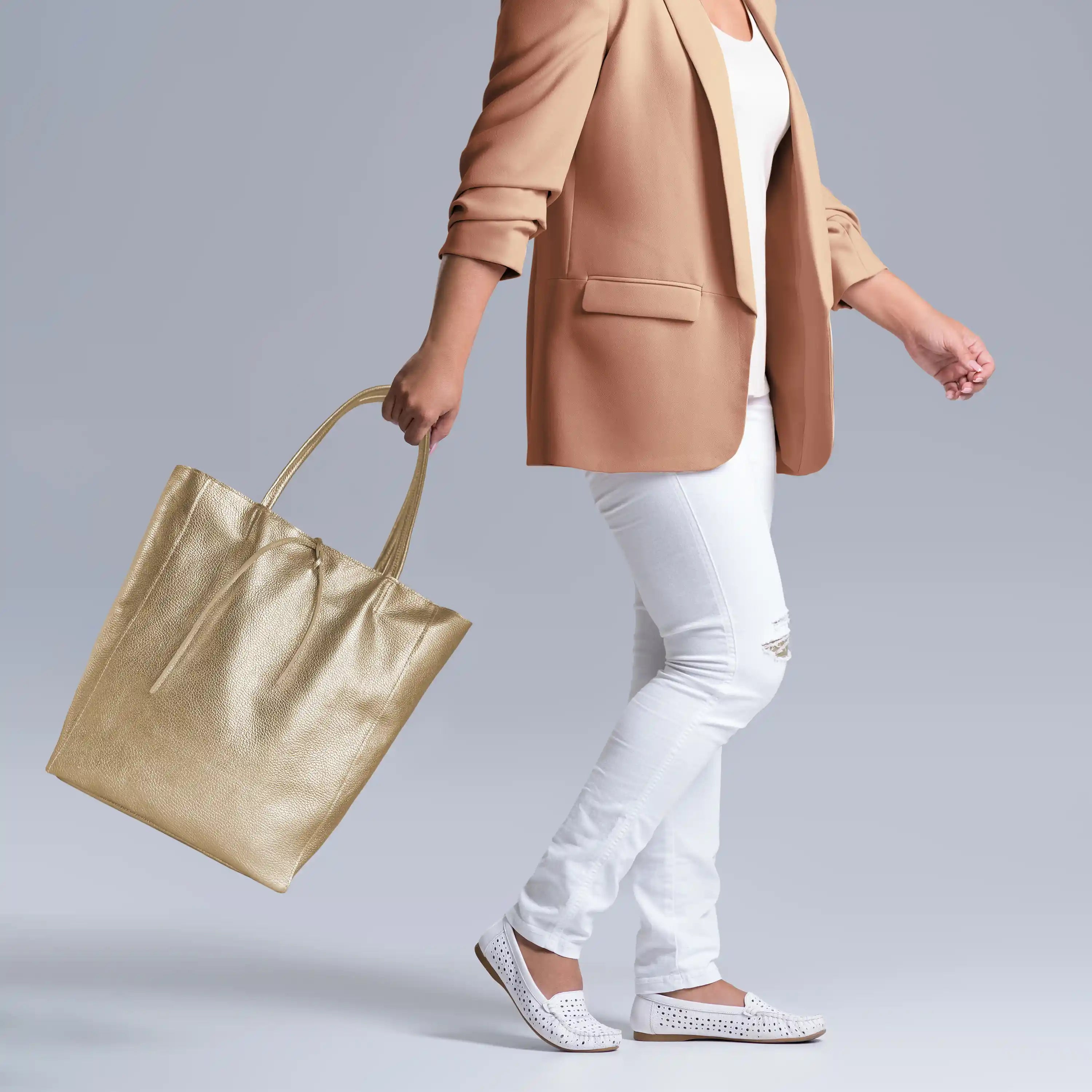 Gold Metallic Calf Leather Tote Bag – Large Italian Carryall