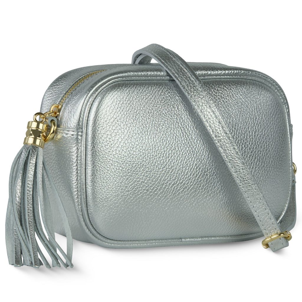 Modern Italian metallic calf leather crossbody bag with tassel zipper pull