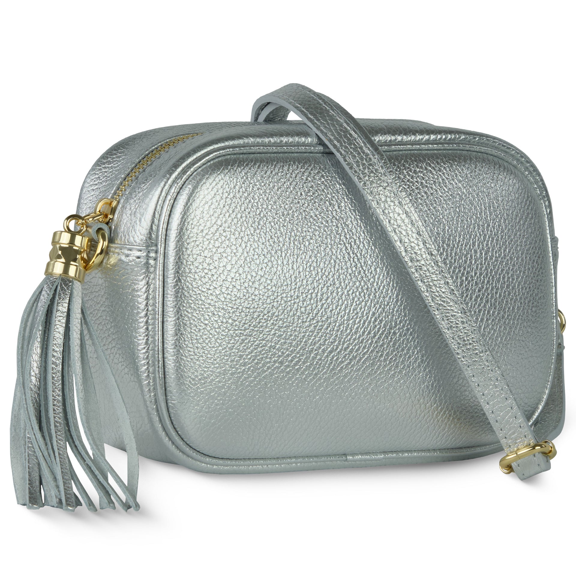 Modern Italian metallic calf leather crossbody bag with tassel zipper pull