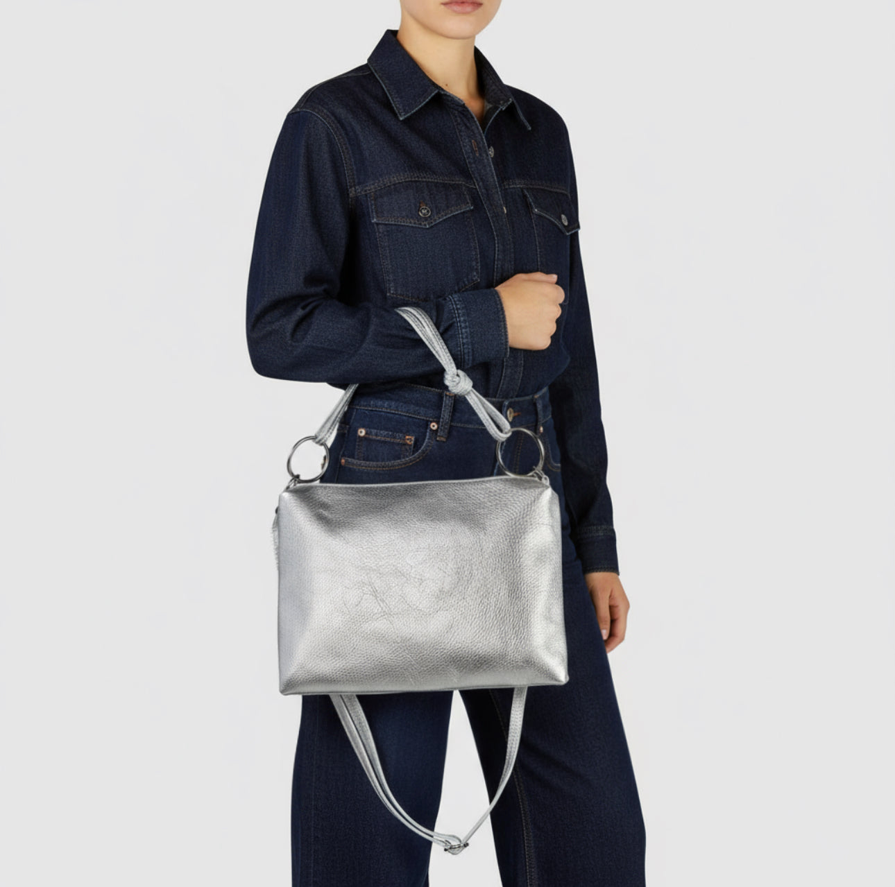 Italian Genuine Metallic Calf Leather Shoulder Bag