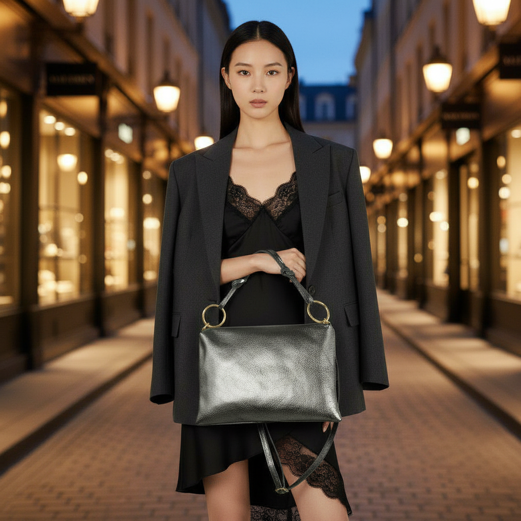 Italian Genuine Metallic Calf Leather Shoulder Bag