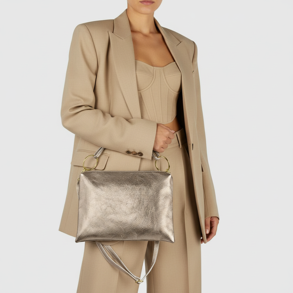 Italian Genuine Metallic Calf Leather Shoulder Bag