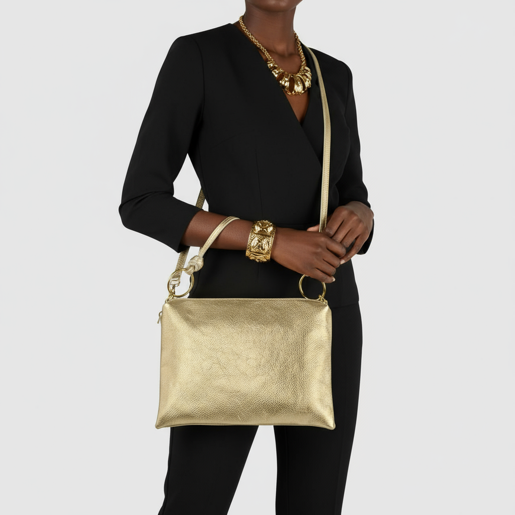 Italian Genuine Metallic Calf Leather Shoulder Bag