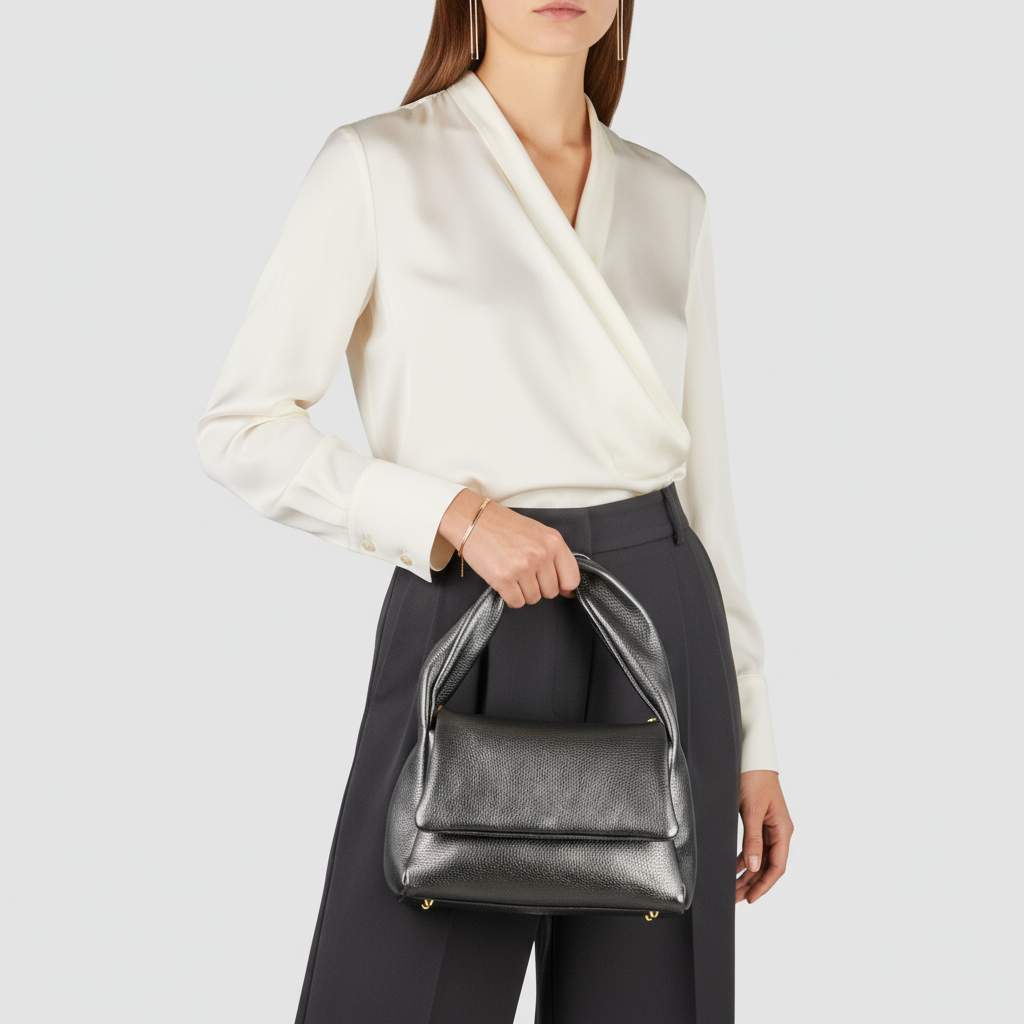 Italian Genuine Metallic Calf Leather Top-Handle Bag