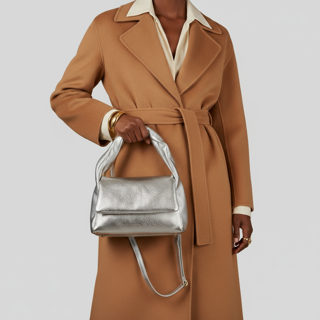 Italian Genuine Metallic Calf Leather Top-Handle Bag