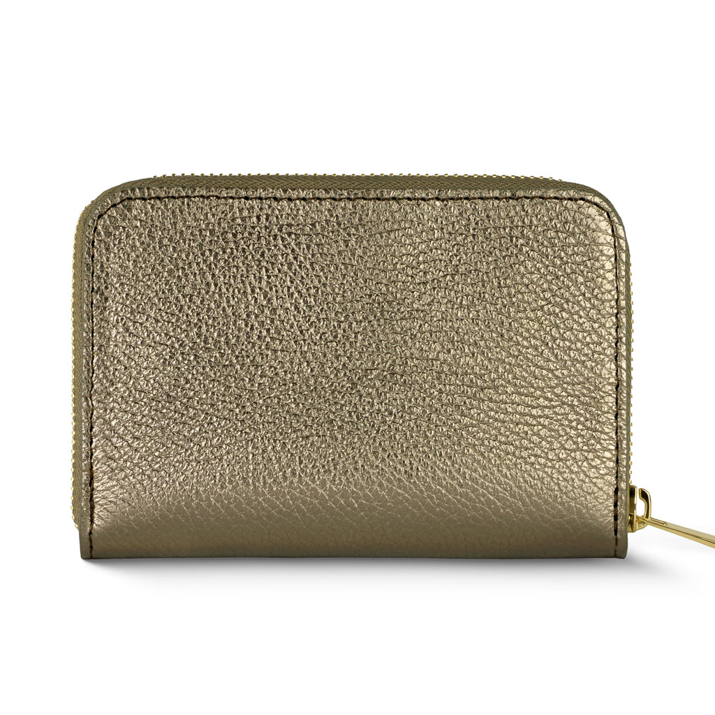 Slim Italian metallic calf leather wallet with a zip closure.