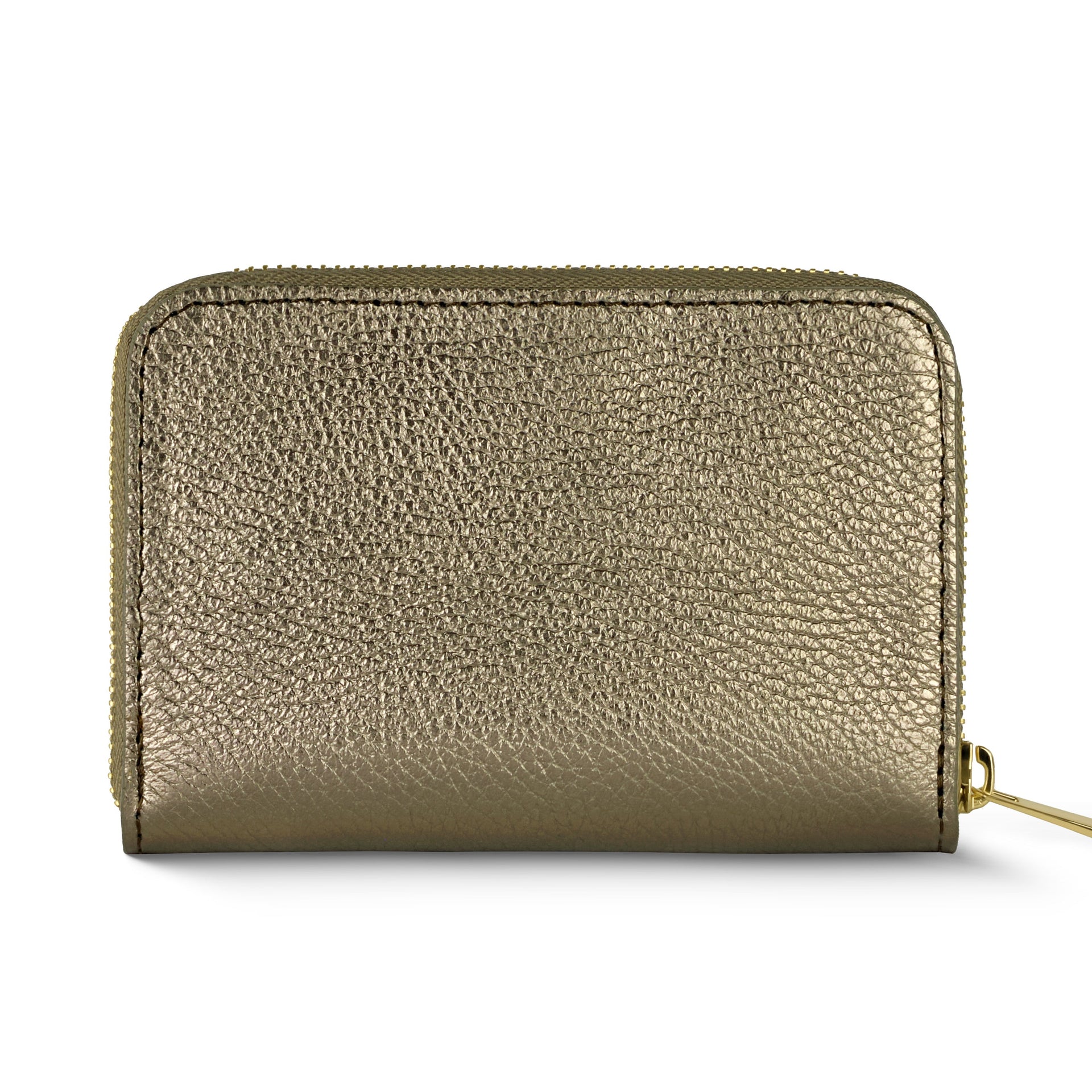 Slim Italian metallic calf leather wallet with a zip closure.
