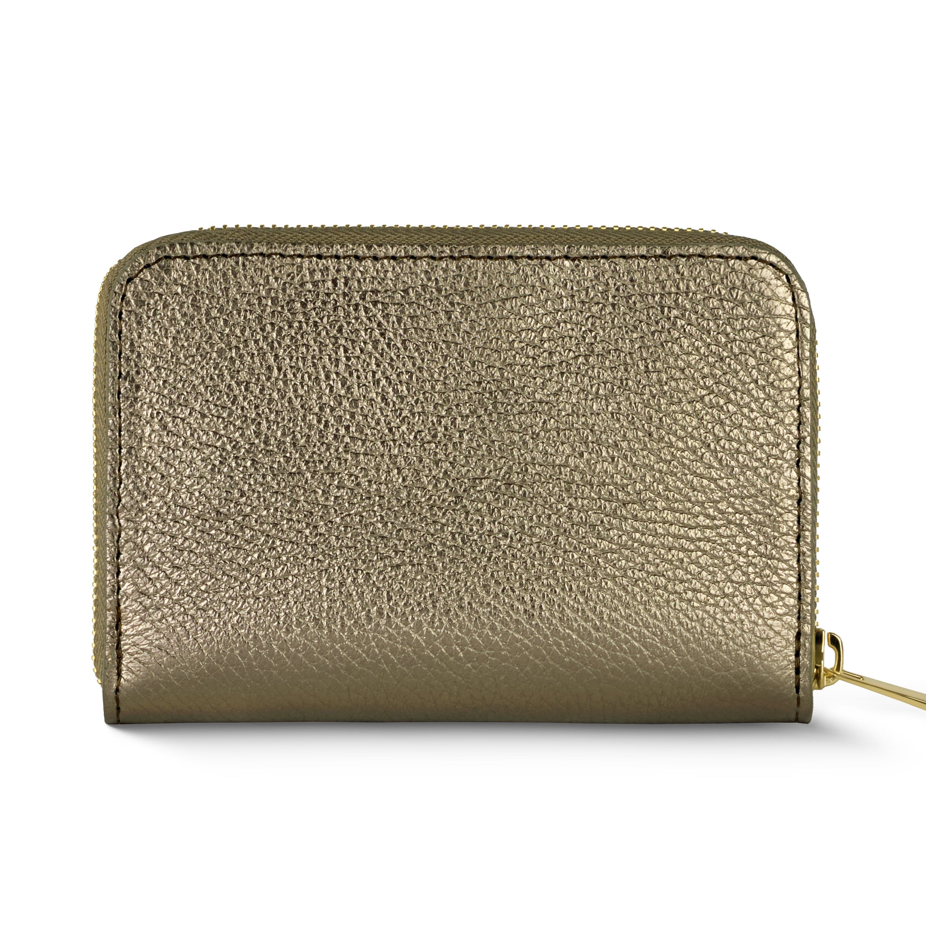 Slim Italian metallic calf leather wallet with a zip closure.
