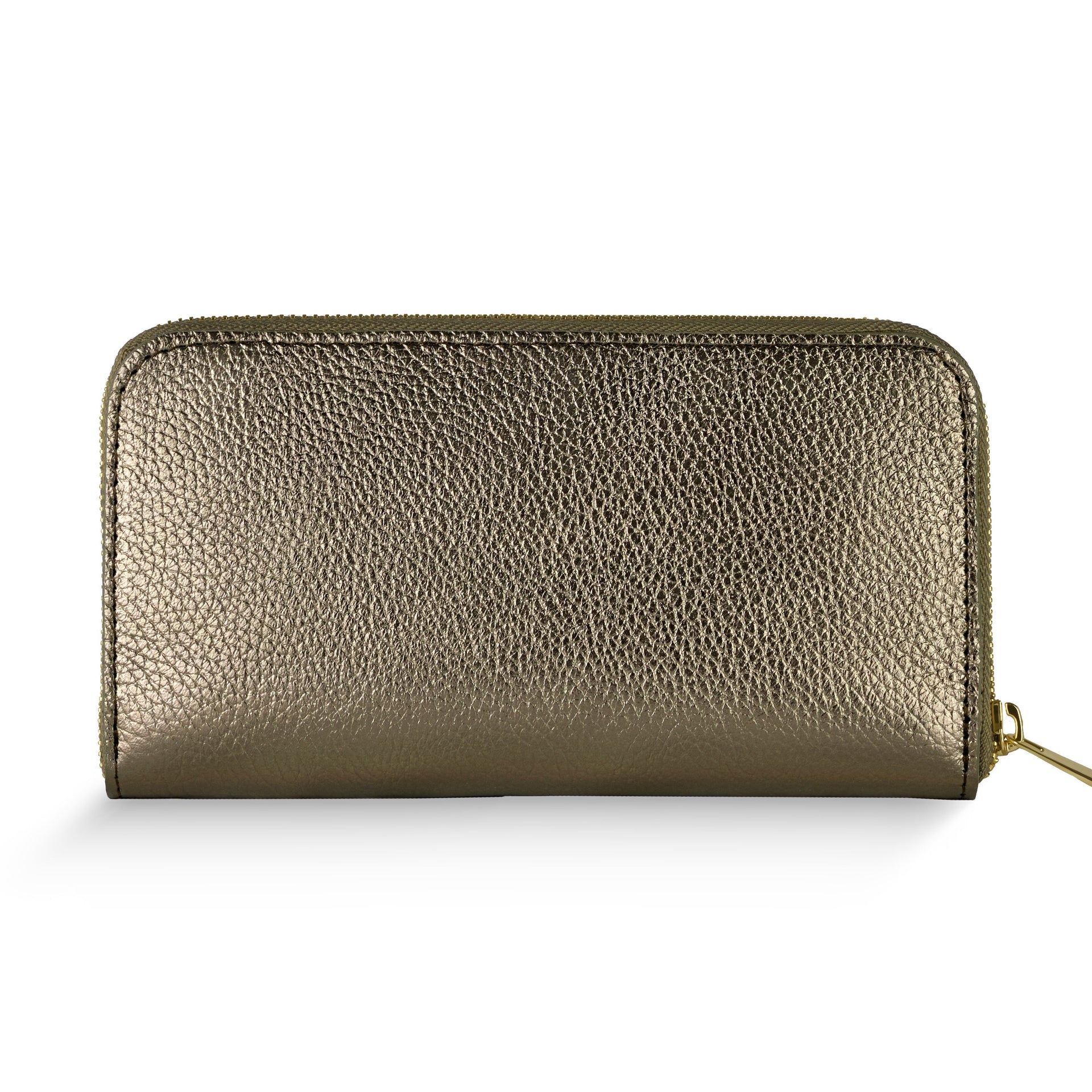 Luxury Italian metallic calf leather wallet in gold with zip-around closure