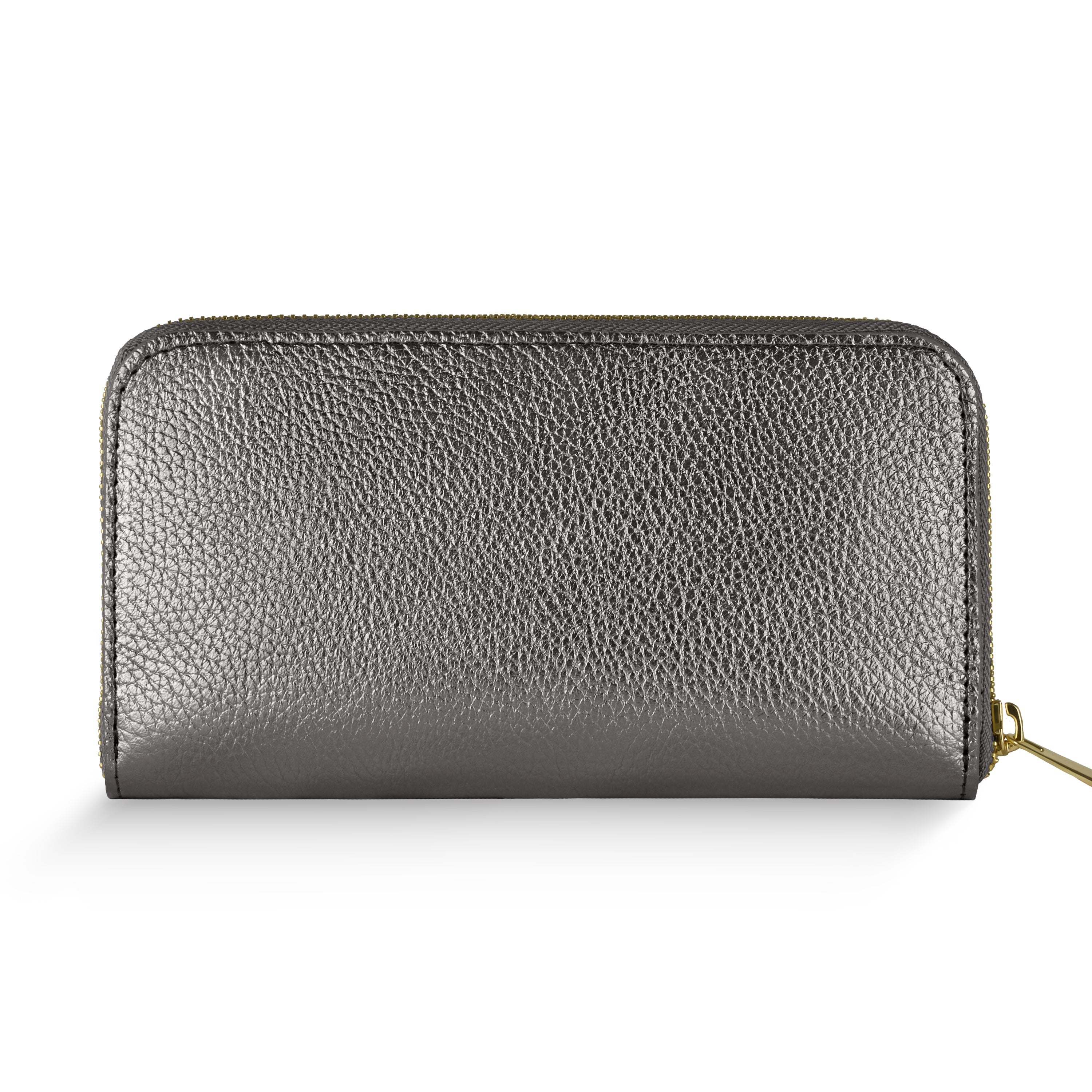 Italian Genuine Metallic Calf Leather Wallet with Zip Closure