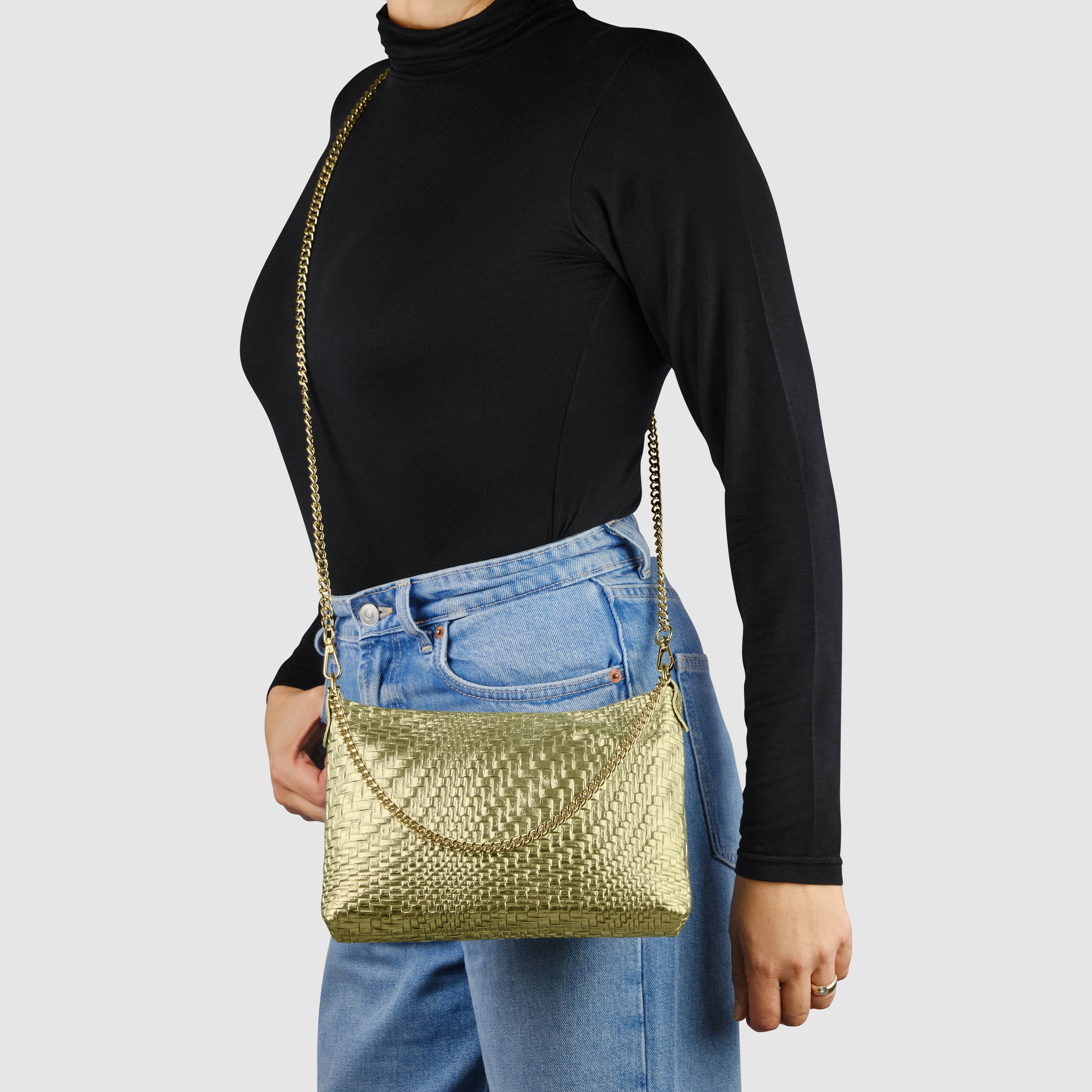 Italian Metallic Suede Grid Pattern Crossbody Bag with Chain Straps