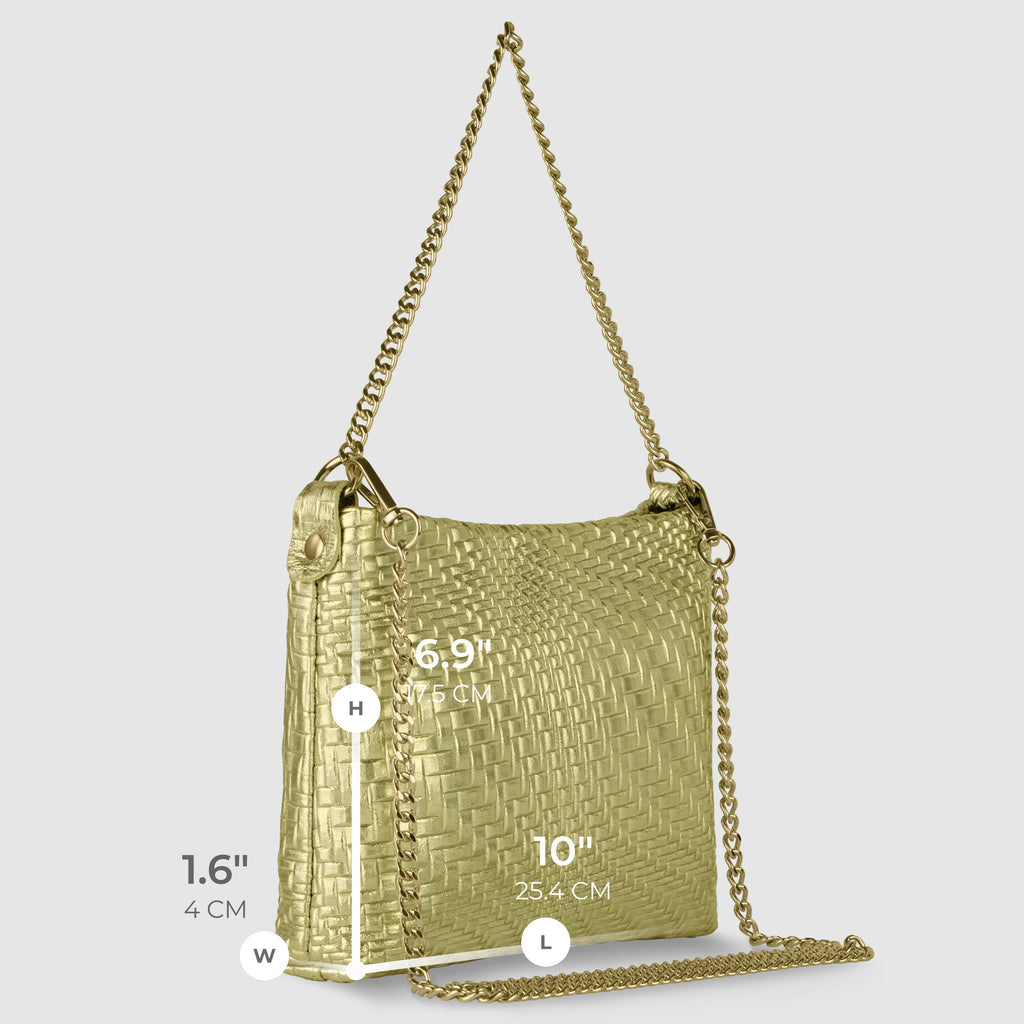 Italian Metallic Suede Grid Pattern Crossbody Bag with Chain Straps