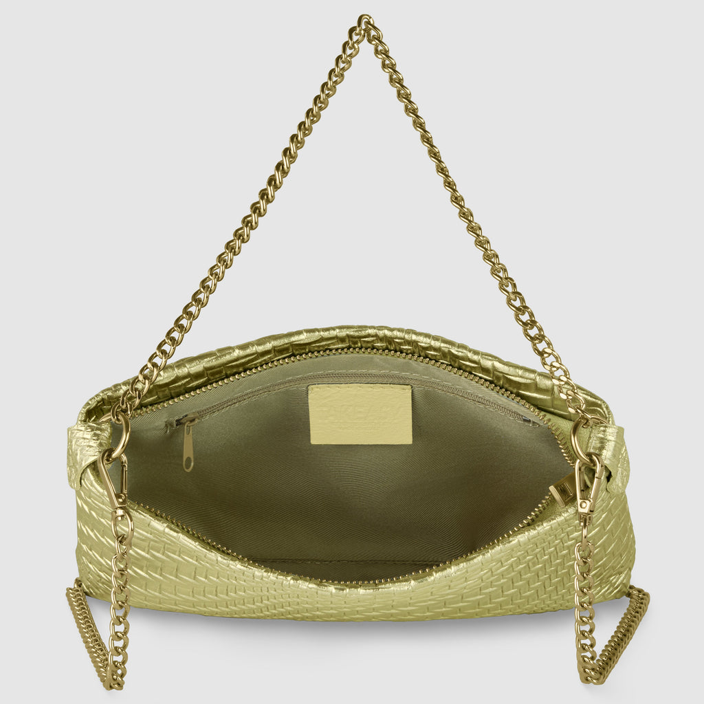 Italian Metallic Suede Grid Pattern Crossbody Bag with Chain Straps