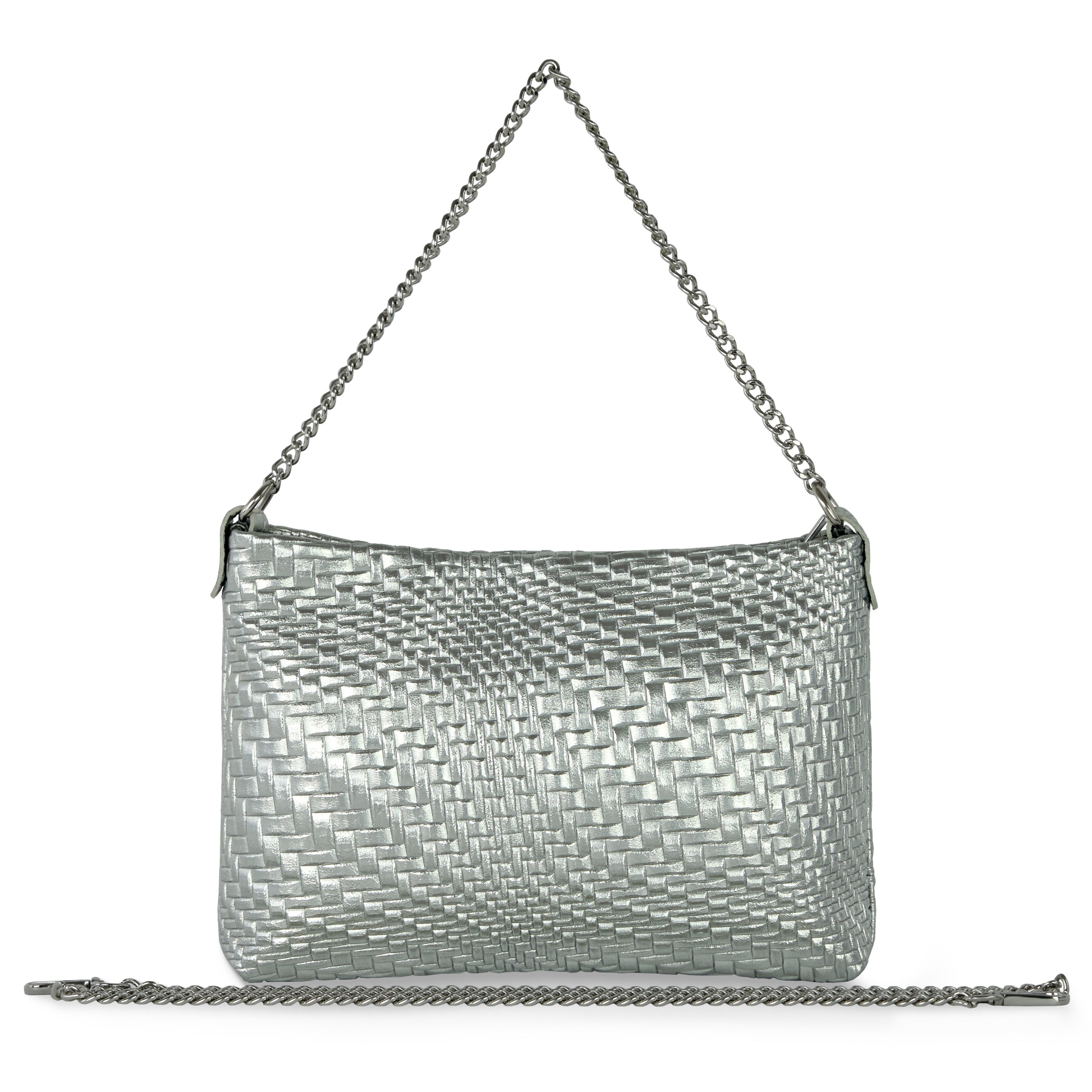 Italian Metallic Suede Grid Pattern Crossbody Bag with Chain Straps