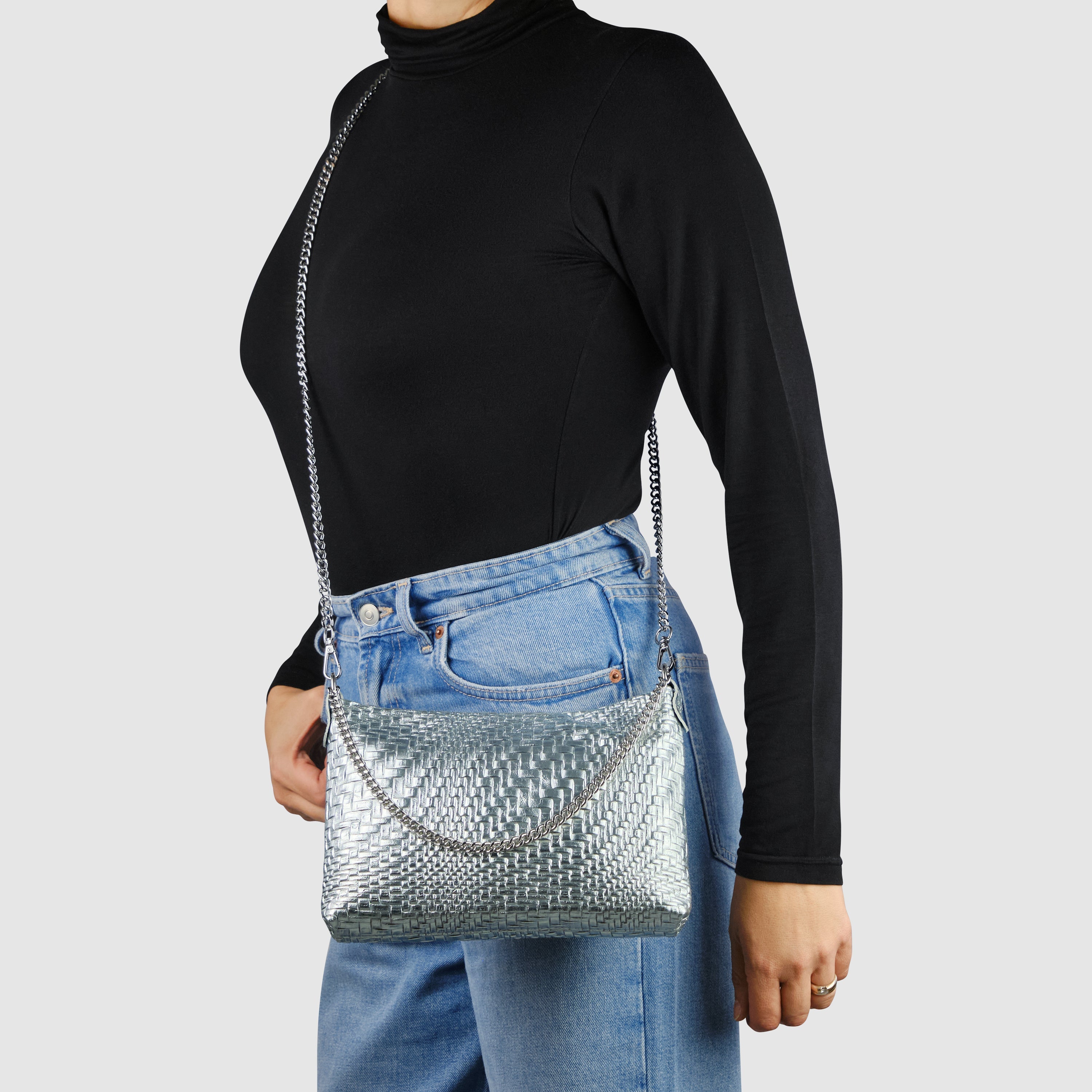 Italian Metallic Suede Grid Pattern Crossbody Bag with Chain Straps