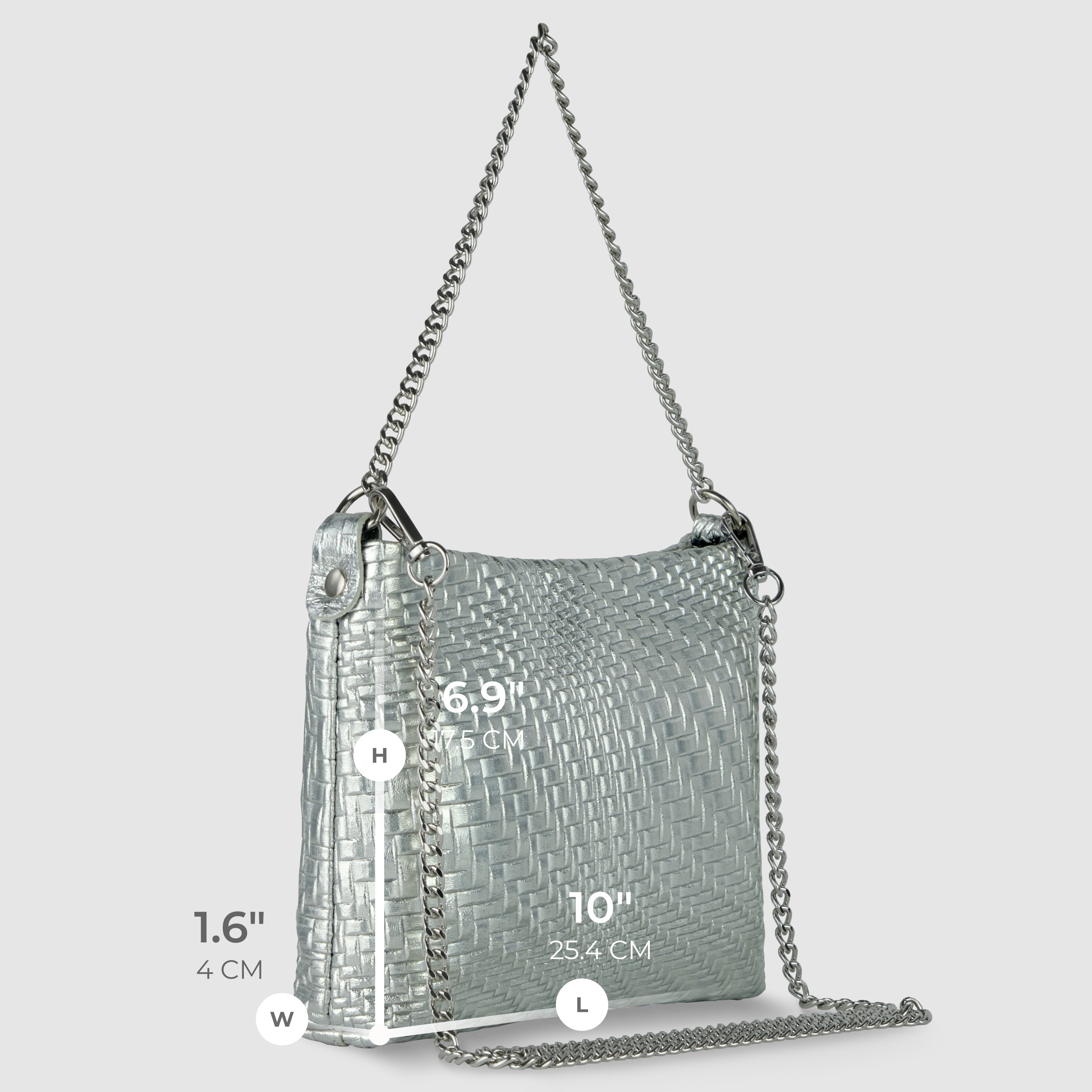 Italian Metallic Suede Grid Pattern Crossbody Bag with Chain Straps