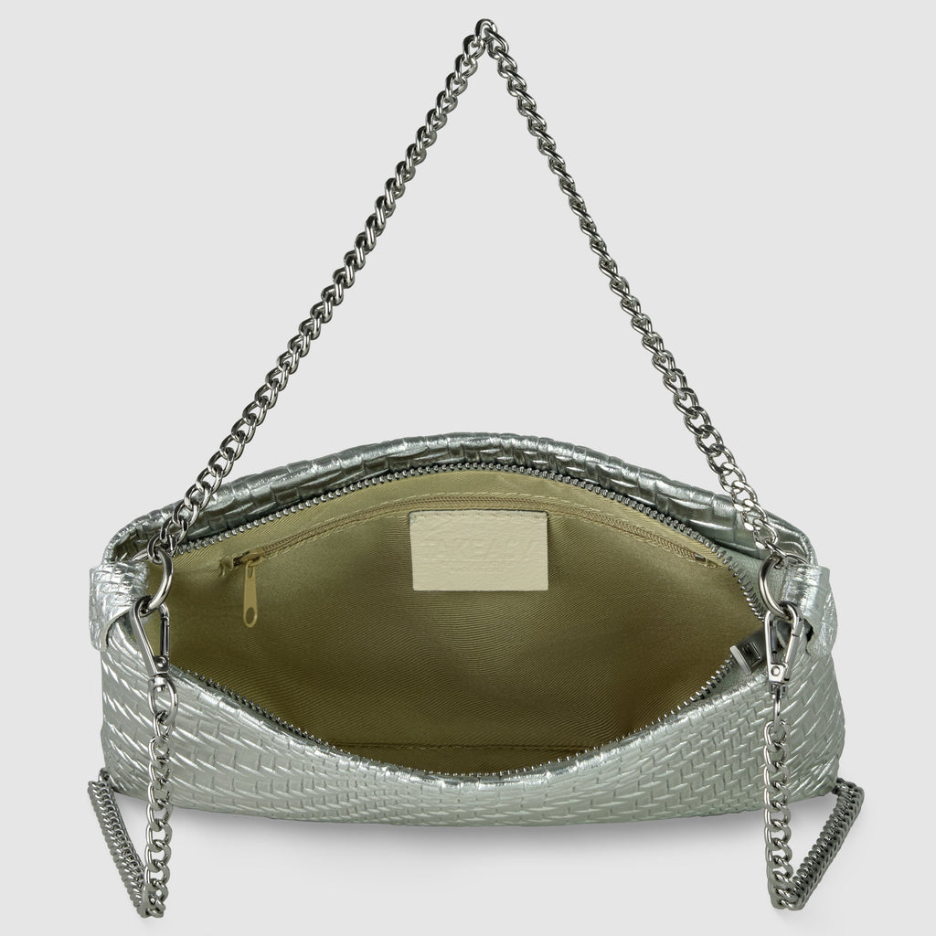 Italian Metallic Suede Grid Pattern Crossbody Bag with Chain Straps