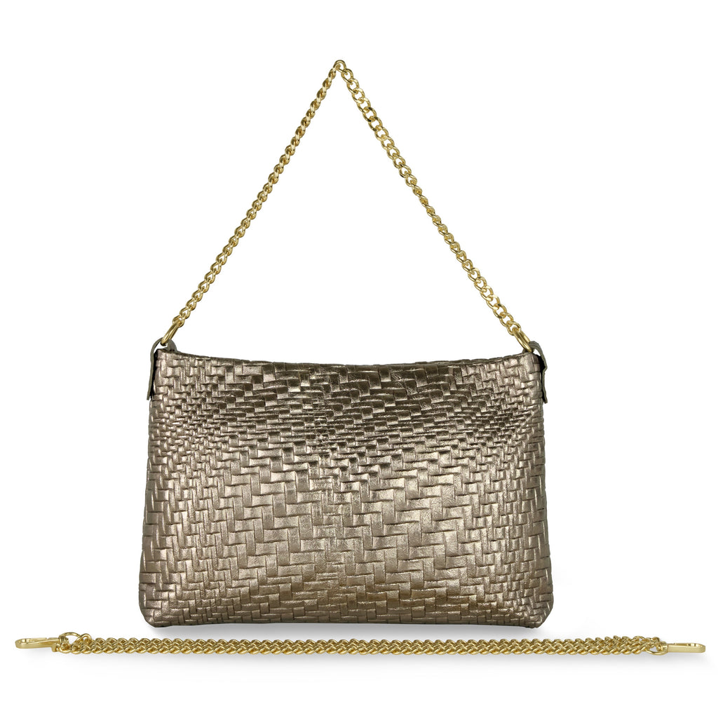 Italian Metallic Suede Grid Pattern Crossbody Bag with Chain Straps
