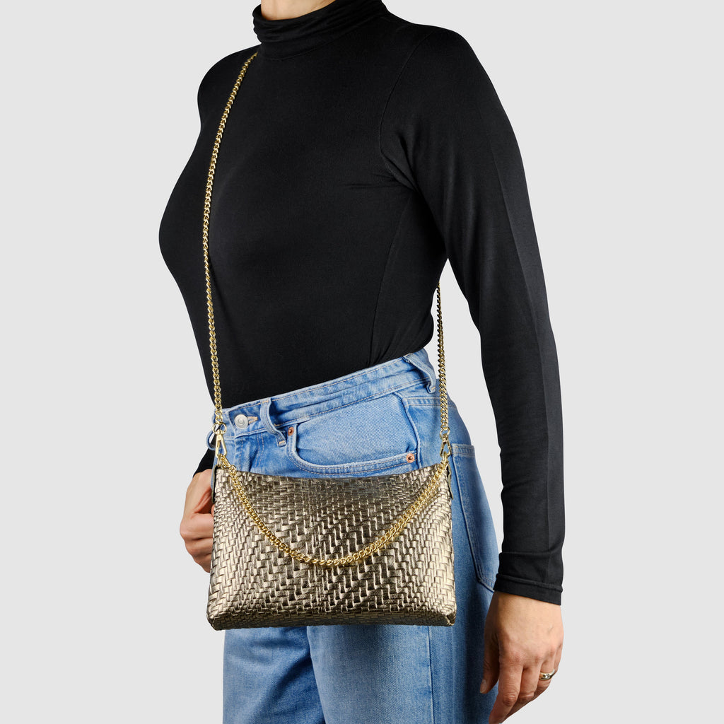 Italian Metallic Suede Grid Pattern Crossbody Bag with Chain Straps