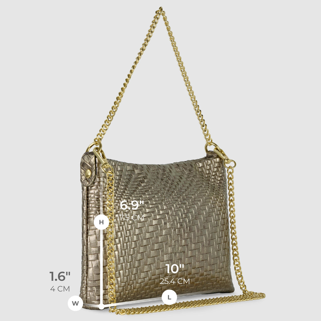 Italian Metallic Suede Grid Pattern Crossbody Bag with Chain Straps