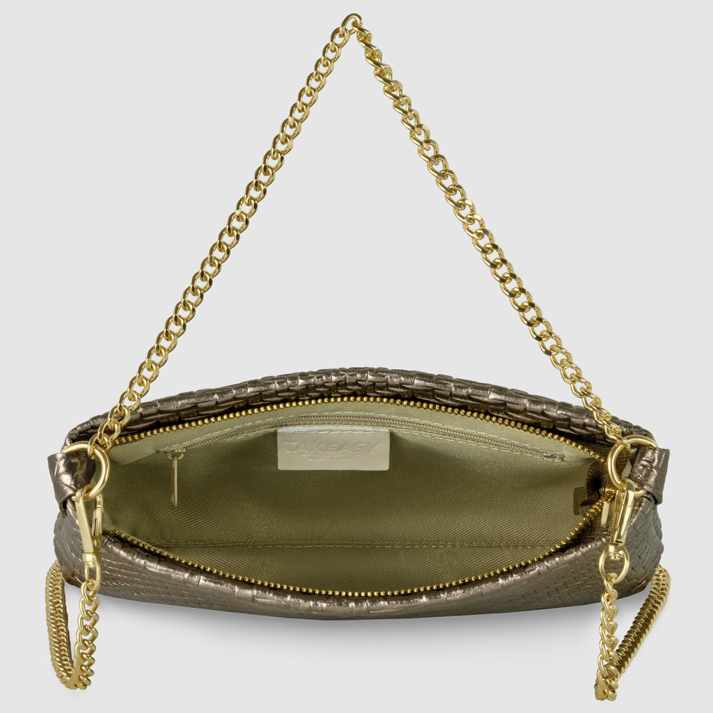 Italian Metallic Suede Grid Pattern Crossbody Bag with Chain Straps