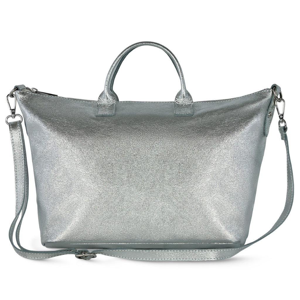 Metallic silver Italian suede top-handle bag