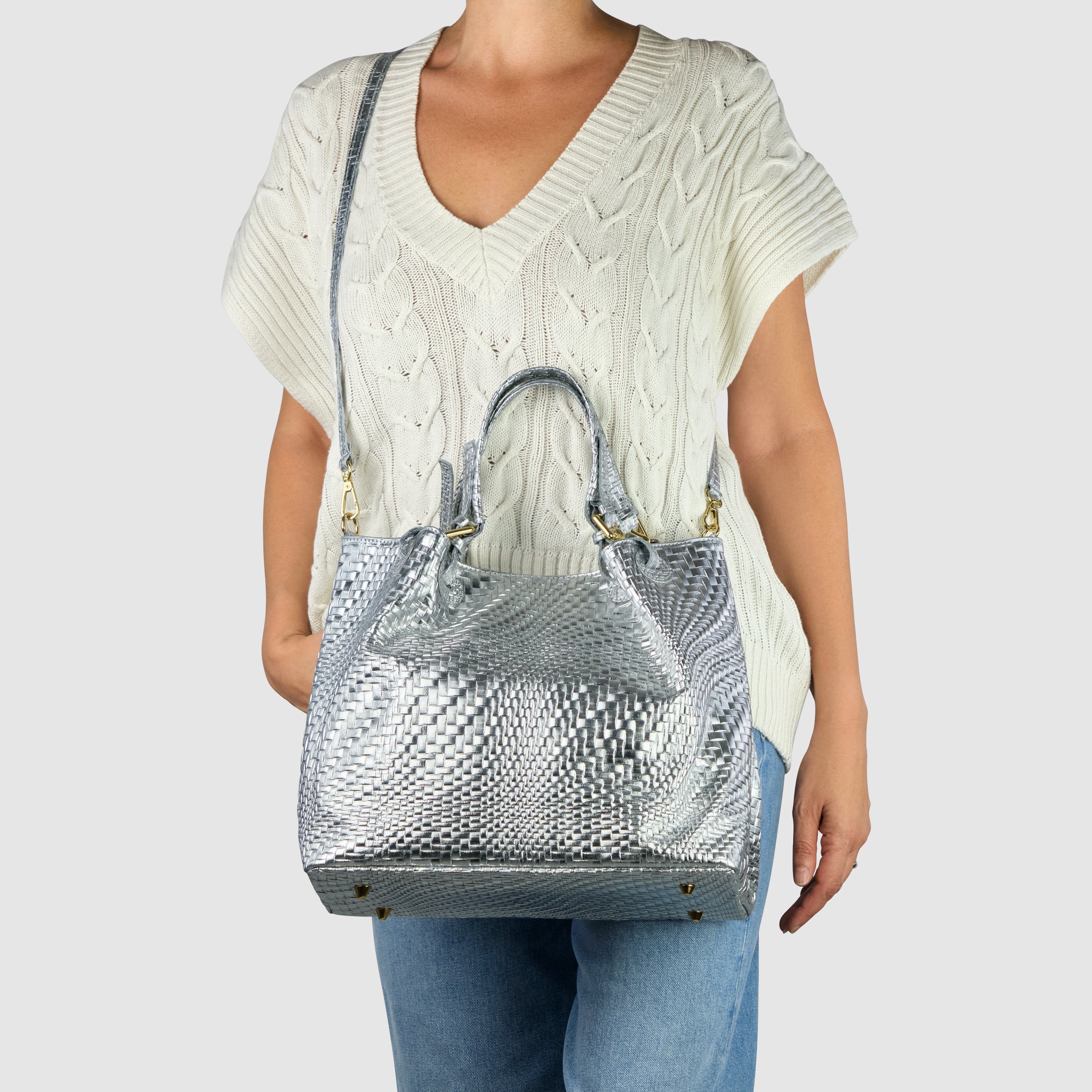 Italian Metallic Suede Geometric Top-Handle Bag with Strap