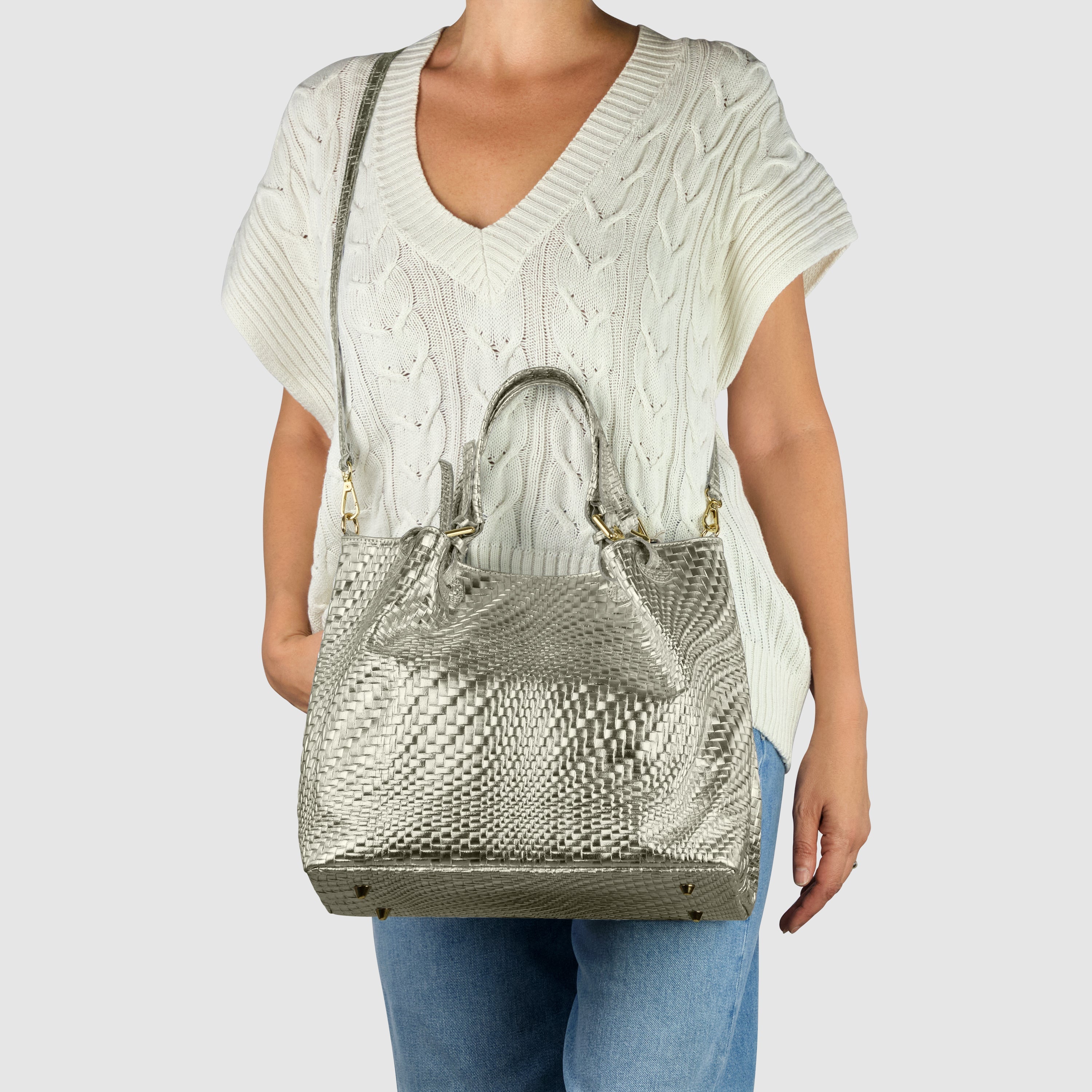 Italian Metallic Suede Geometric Top-Handle Bag with Strap