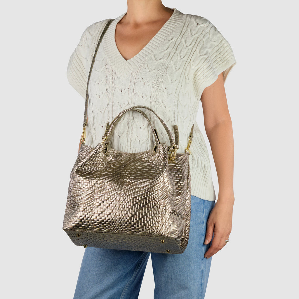 Italian Metallic Suede Geometric Top-Handle Bag with Strap