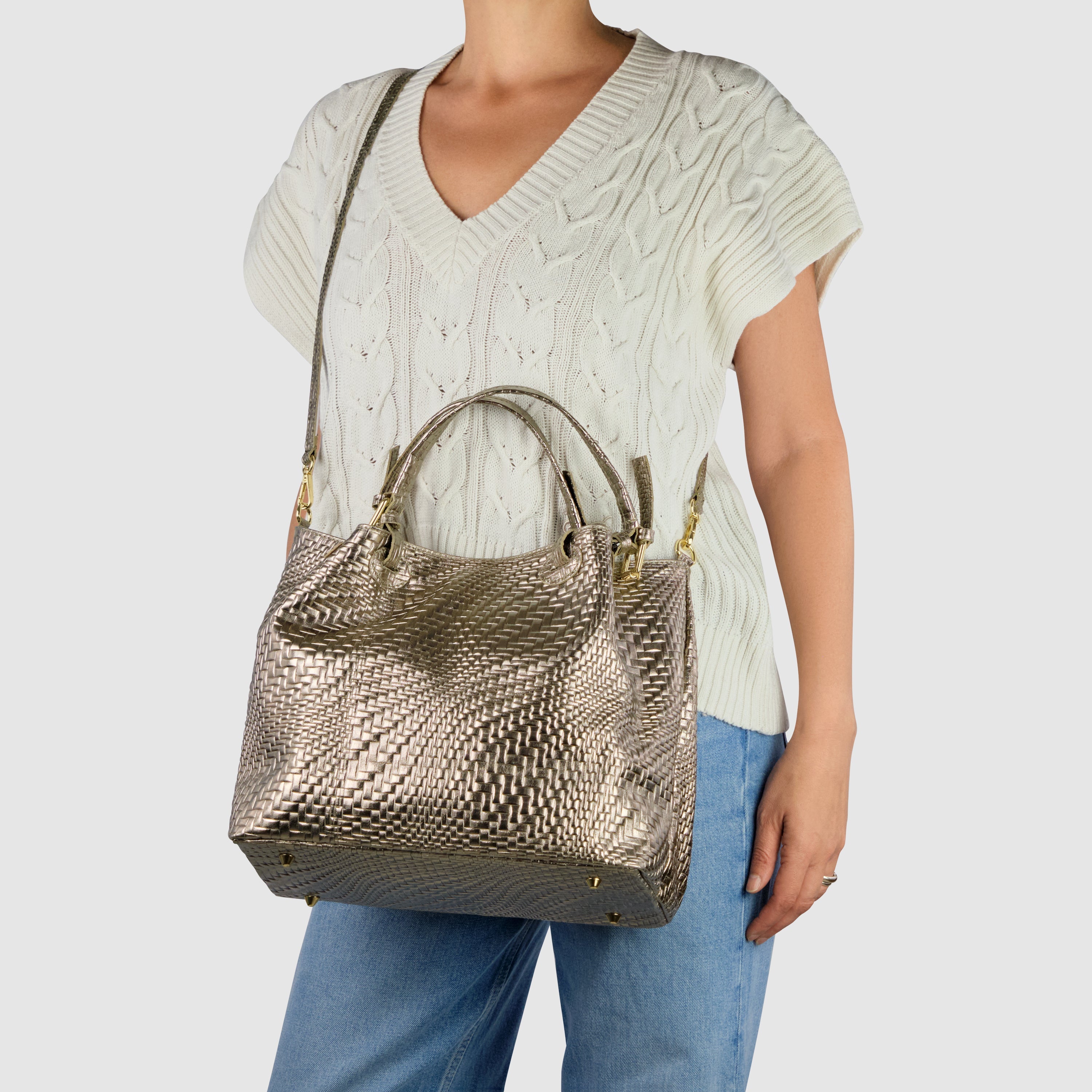 Italian Metallic Suede Geometric Top-Handle Bag with Strap