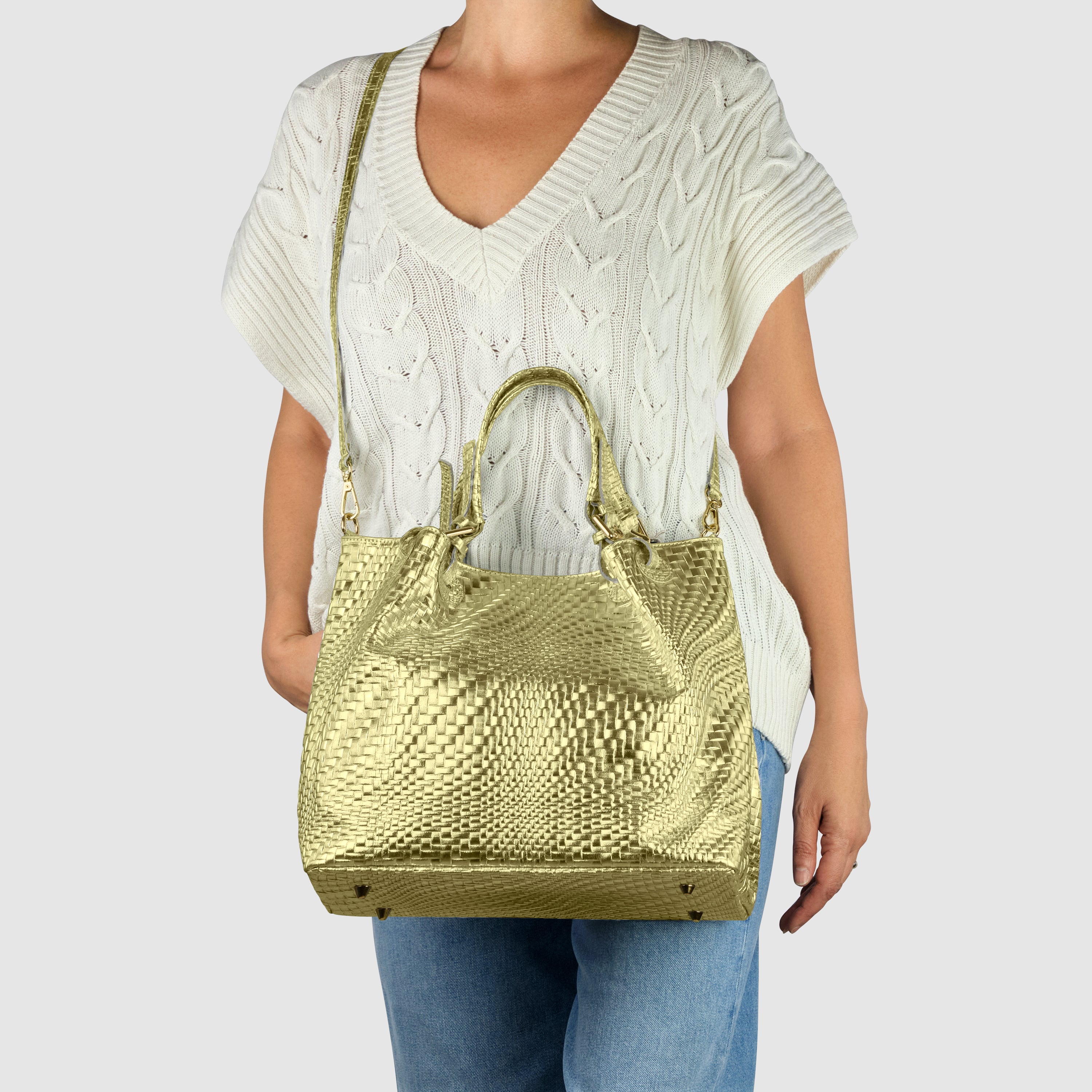 Italian Metallic Suede Geometric Top-Handle Bag with Strap