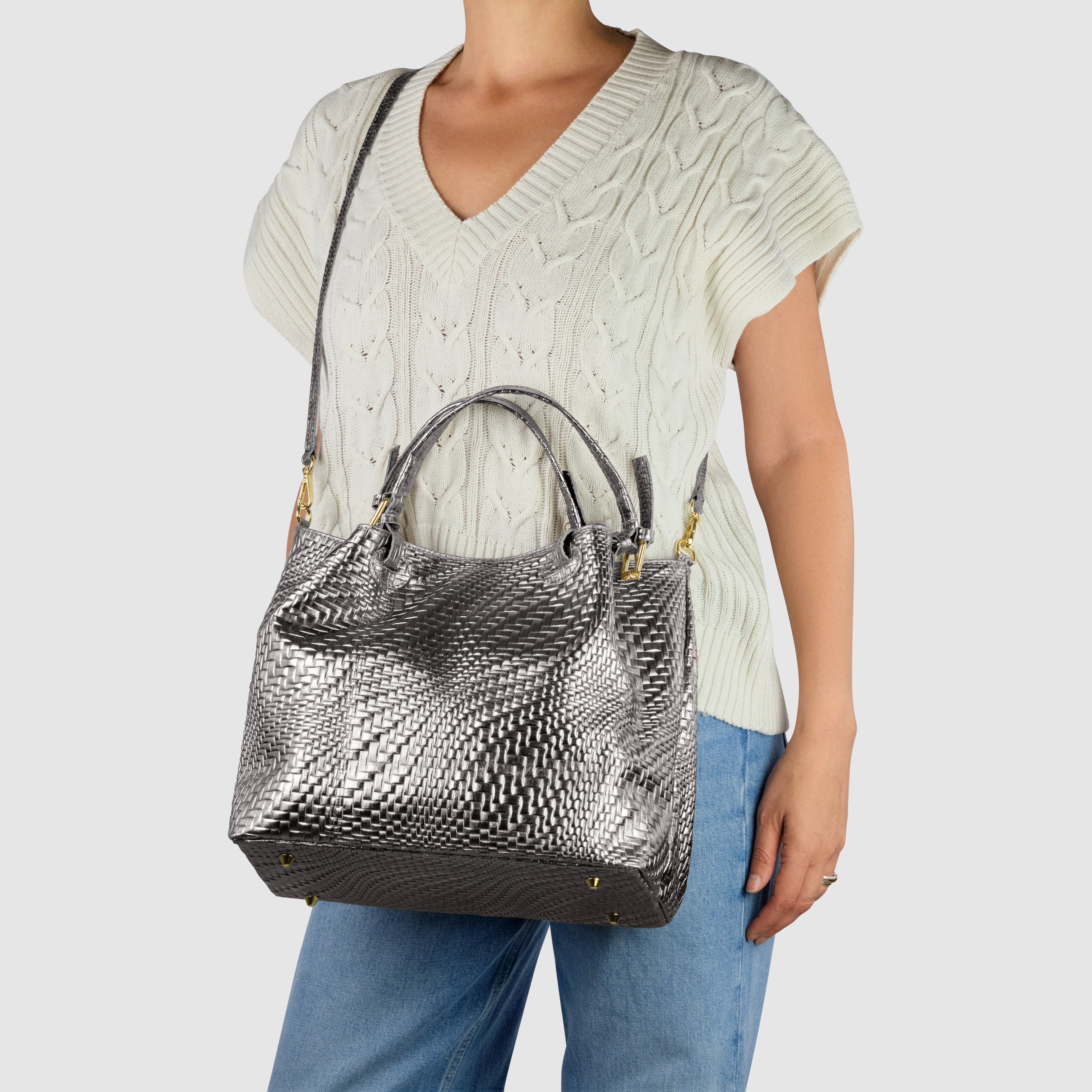 Italian Metallic Suede Geometric Top-Handle Bag with Strap