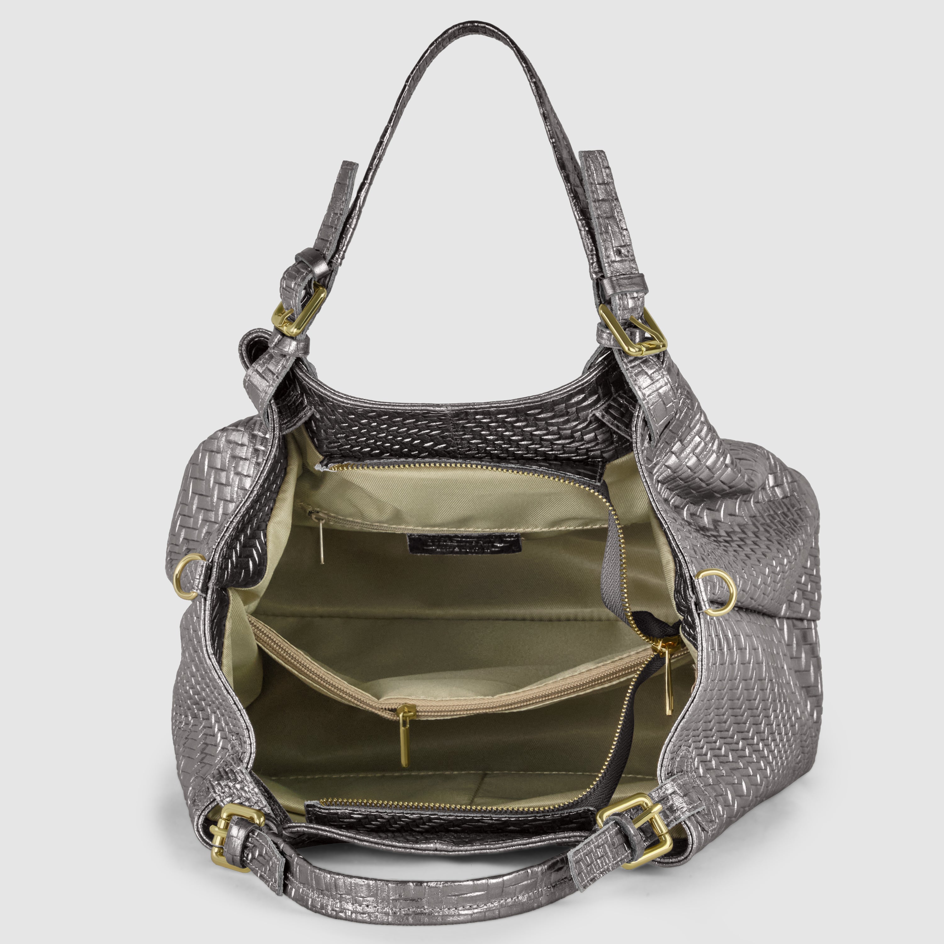 Italian Metallic Suede Geometric Top-Handle Bag with Strap
