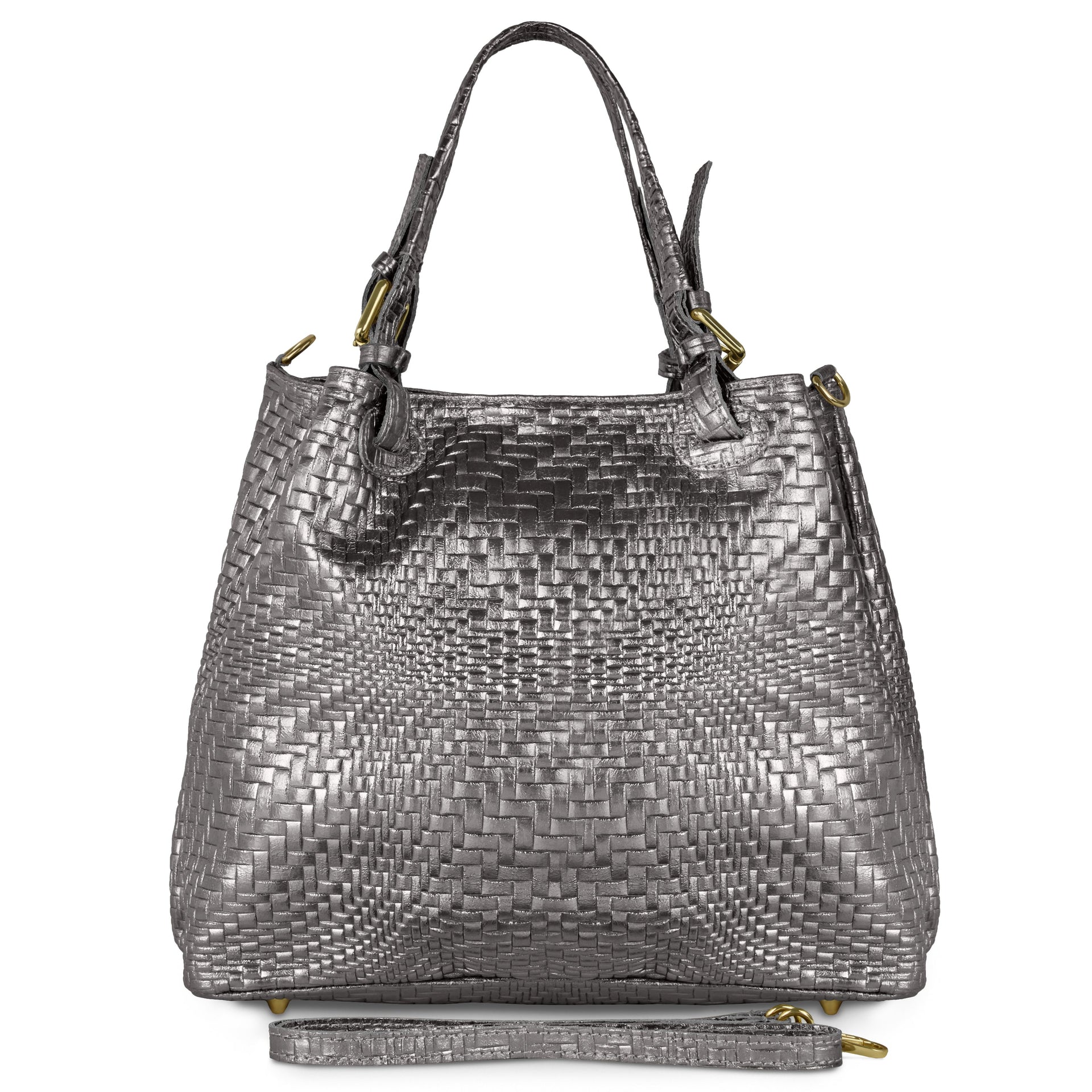 Italian Metallic Suede Geometric Top-Handle Bag with Strap